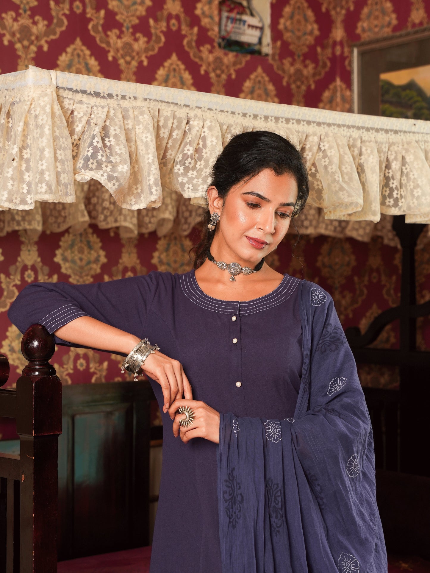 Embroidered Cotton Flex Solid A-line Purple Kurta
