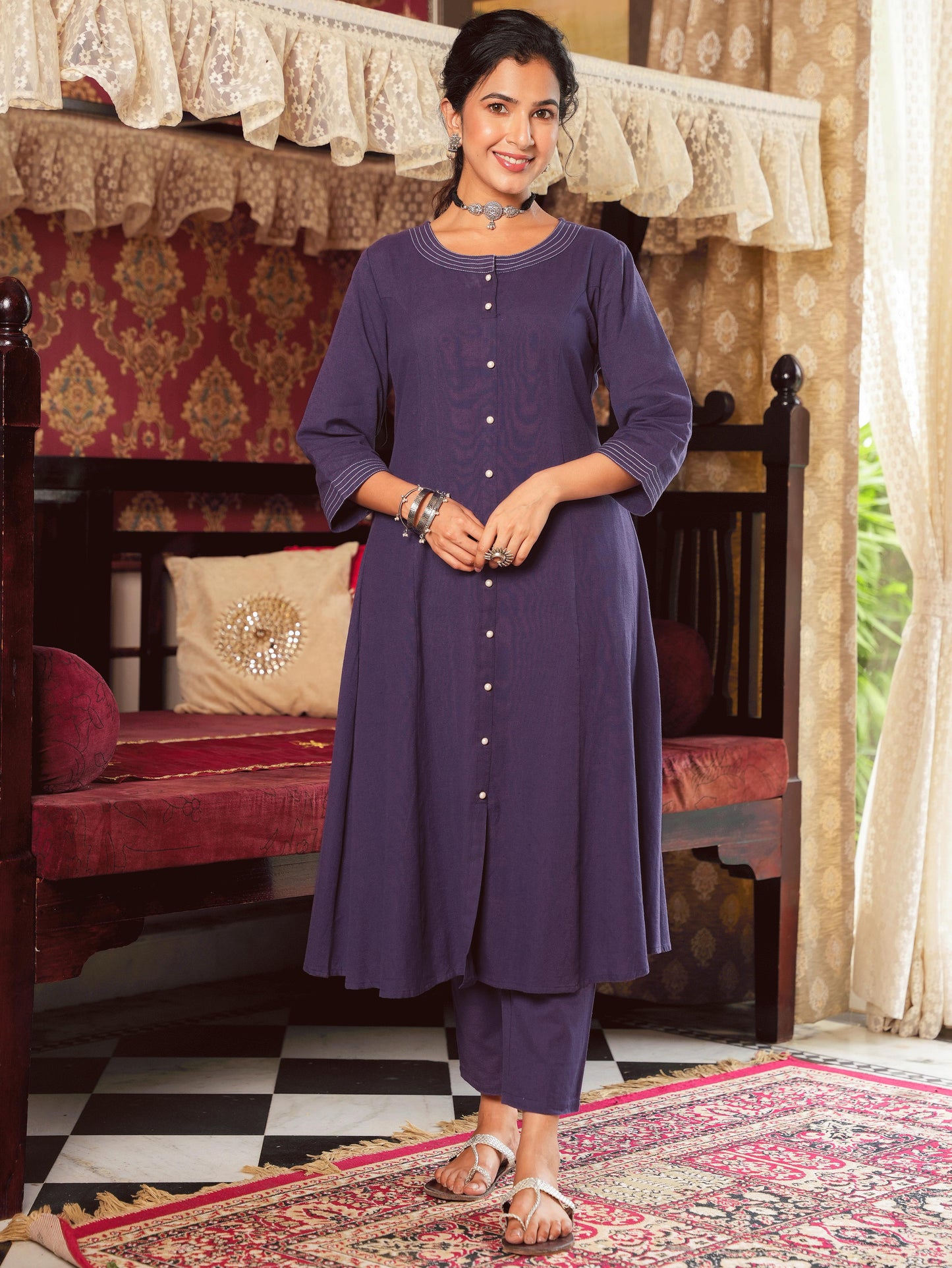 Linen Cotton Solid A-line Purple Kurta