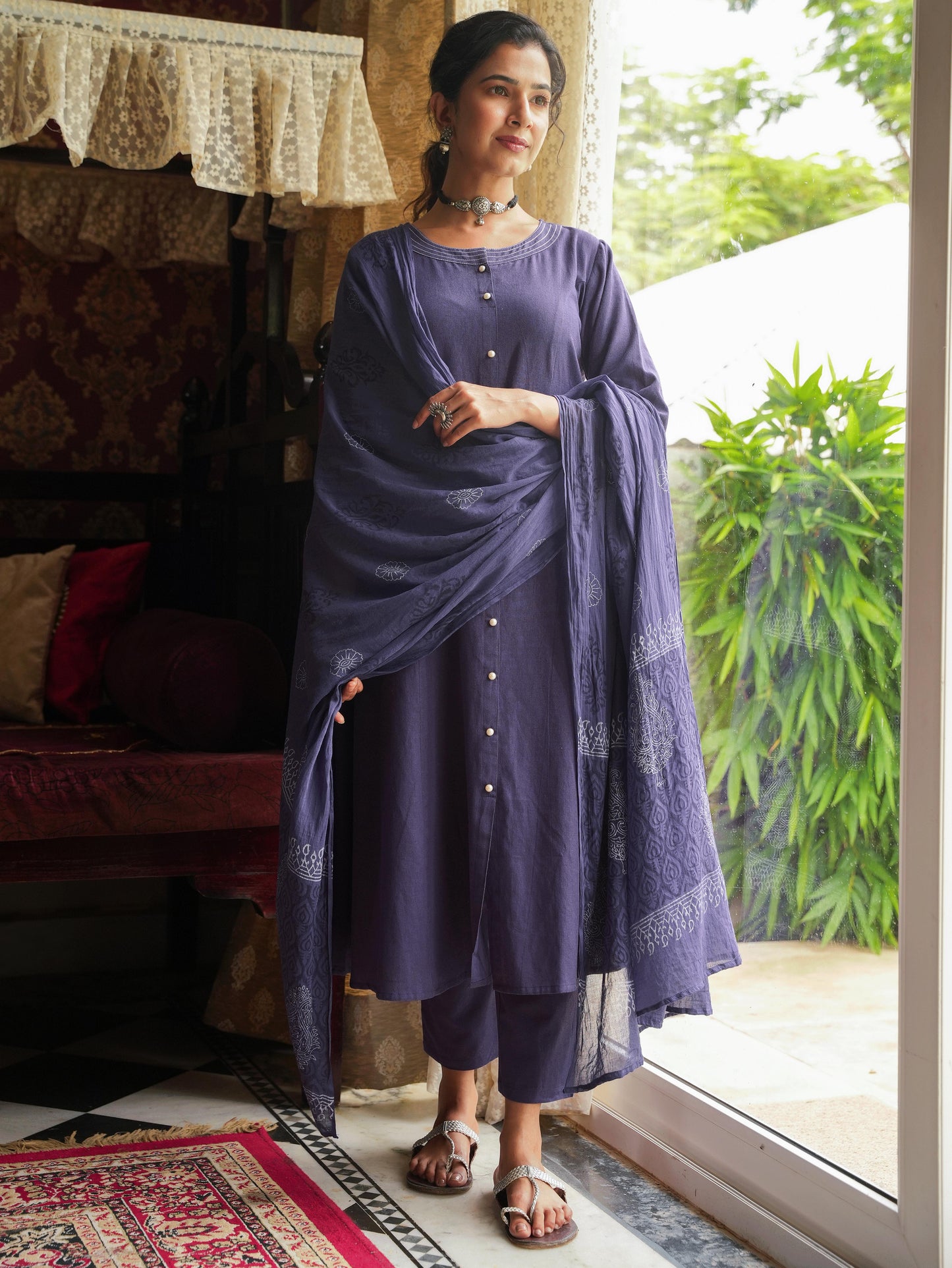 Linen Cotton Solid A-line Purple Kurta