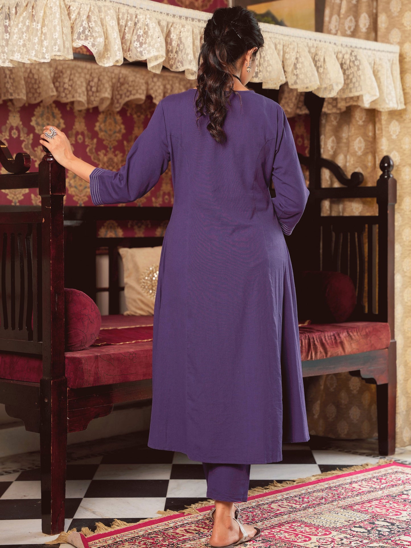Embroidered Linen Cotton Solid A-line Purple Kurta