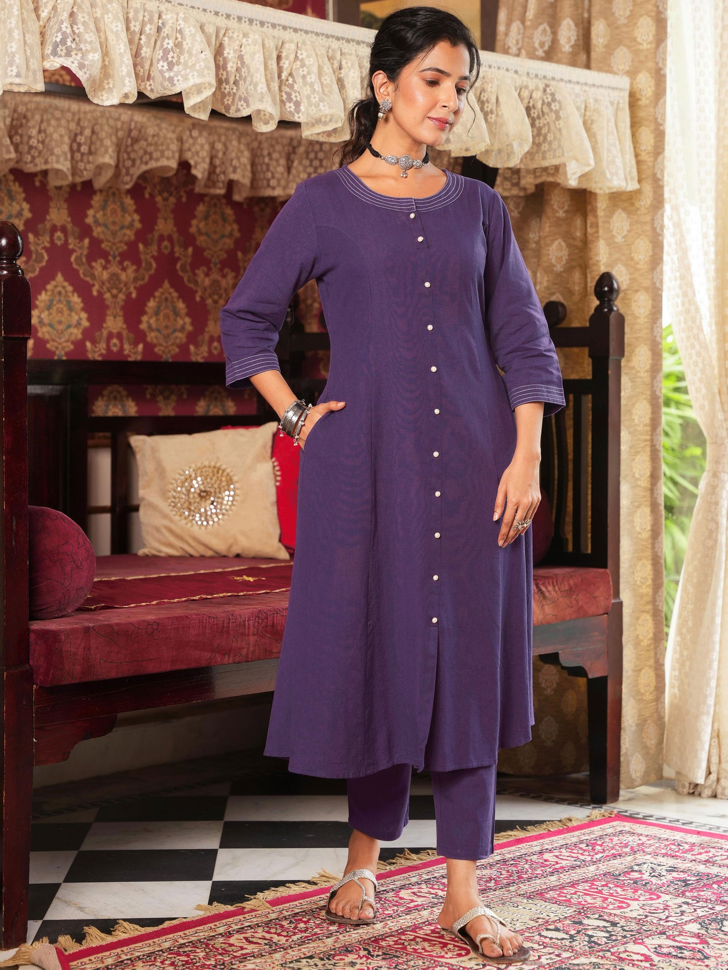 Embroidered Linen Cotton Solid A-line Purple Kurta