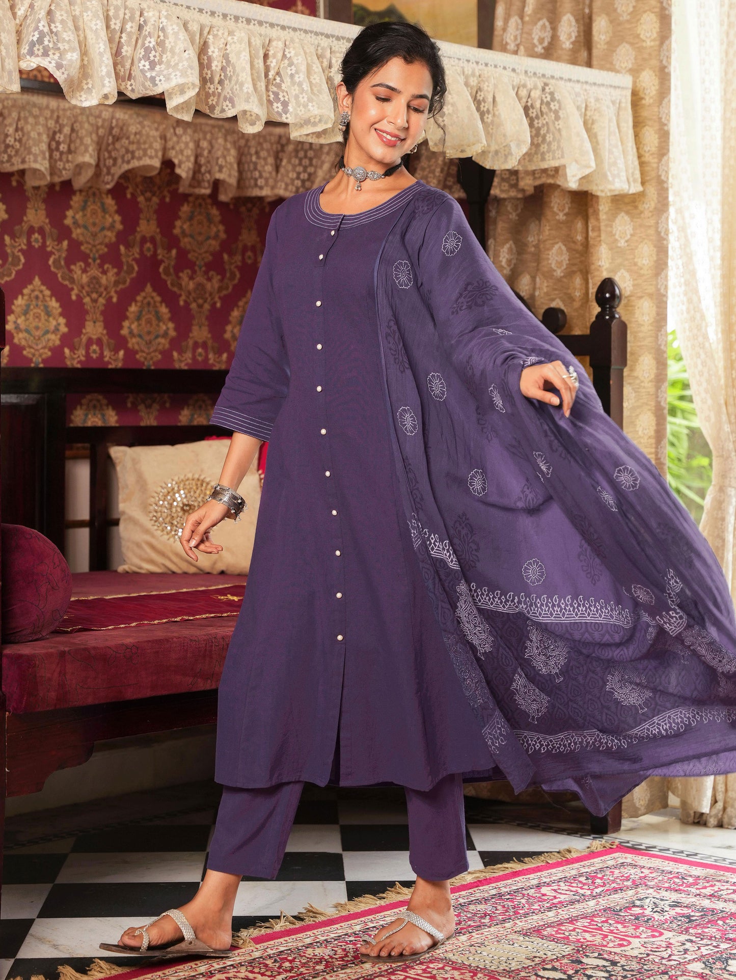 Embroidered Linen Cotton Solid A-line Purple Kurta