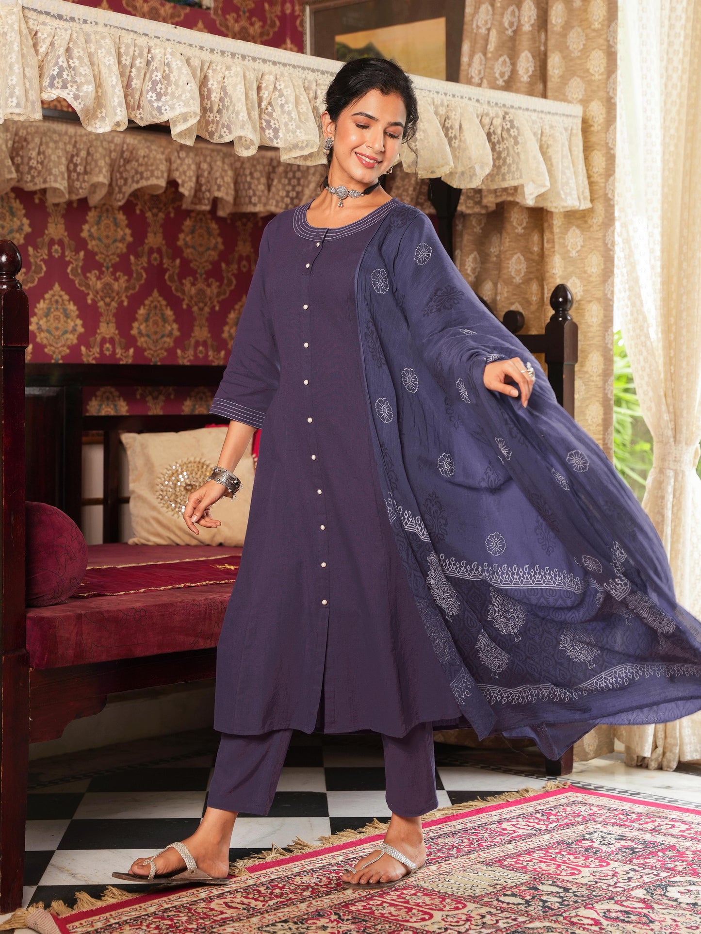Embroidered Cotton Flex Solid A-line Purple Kurta