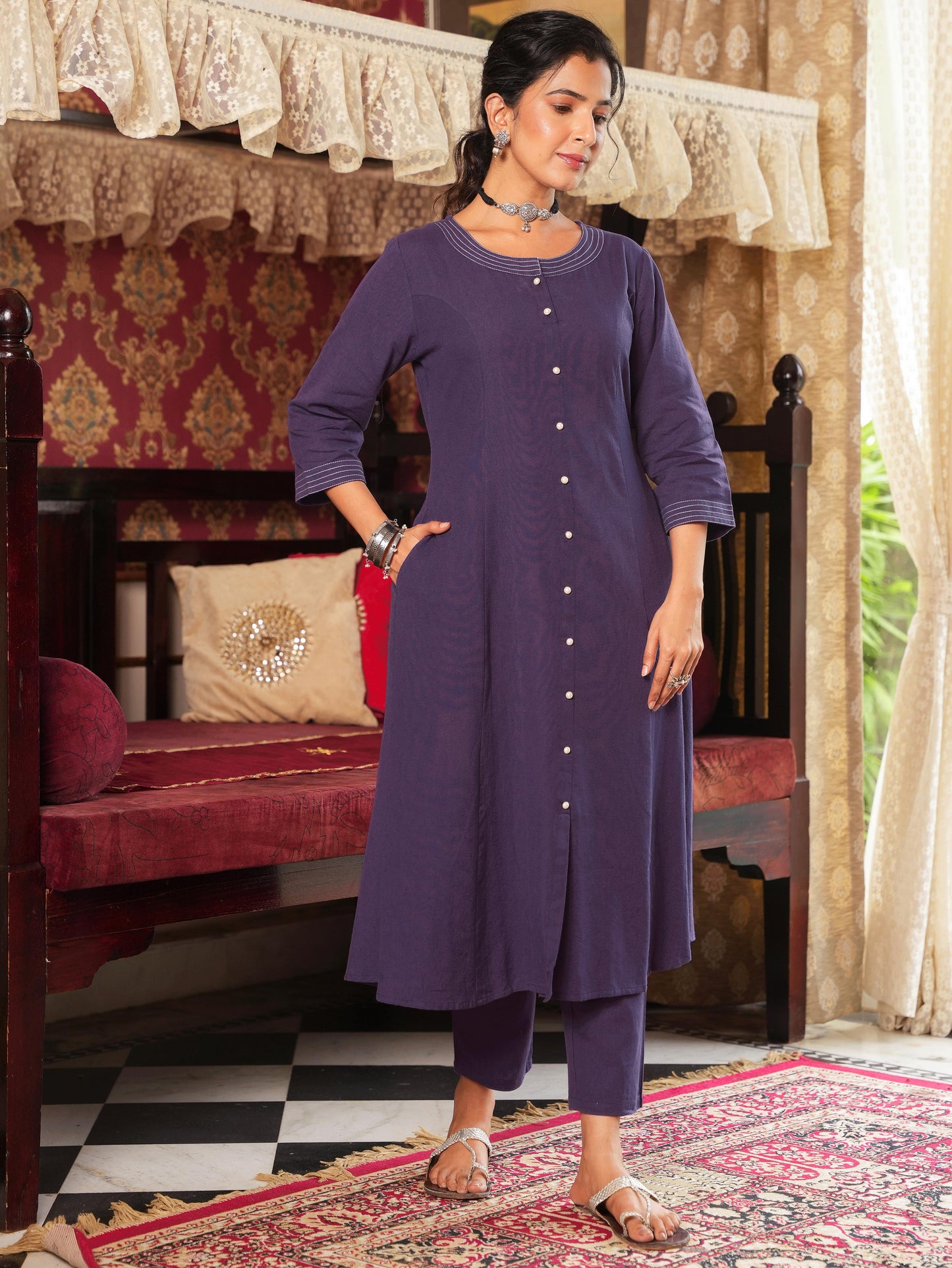Linen Cotton Solid A-line Purple Kurta