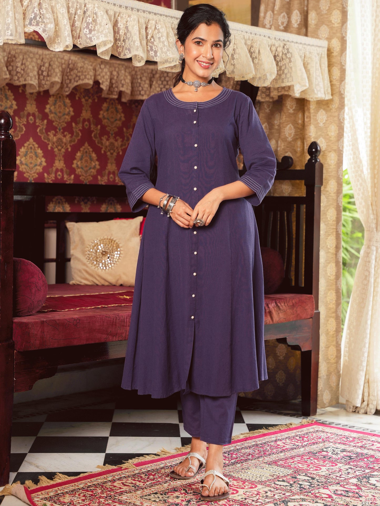 Embroidered Cotton Flex Solid A-line Purple Kurta