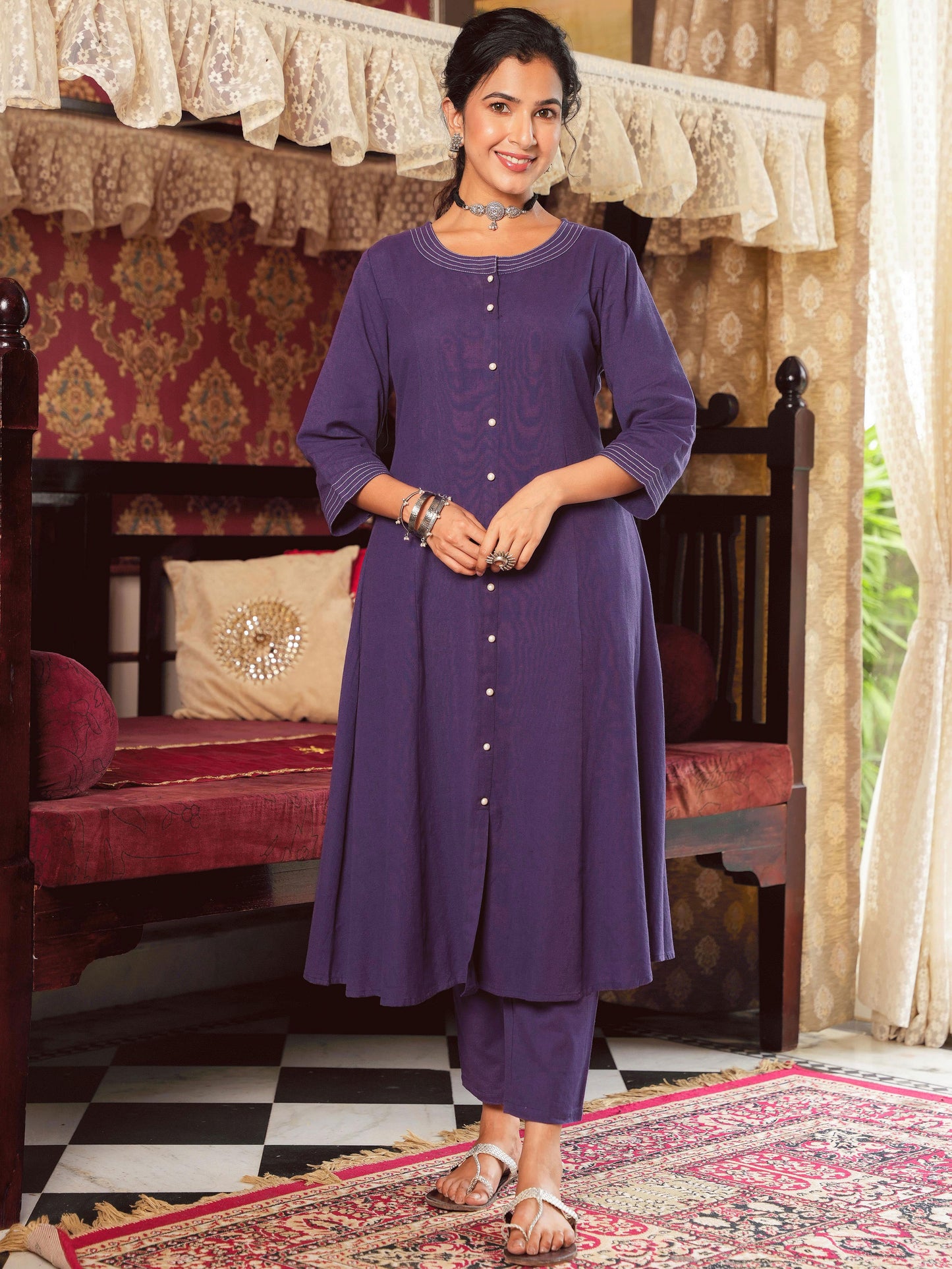 Embroidered Linen Cotton Solid A-line Purple Kurta