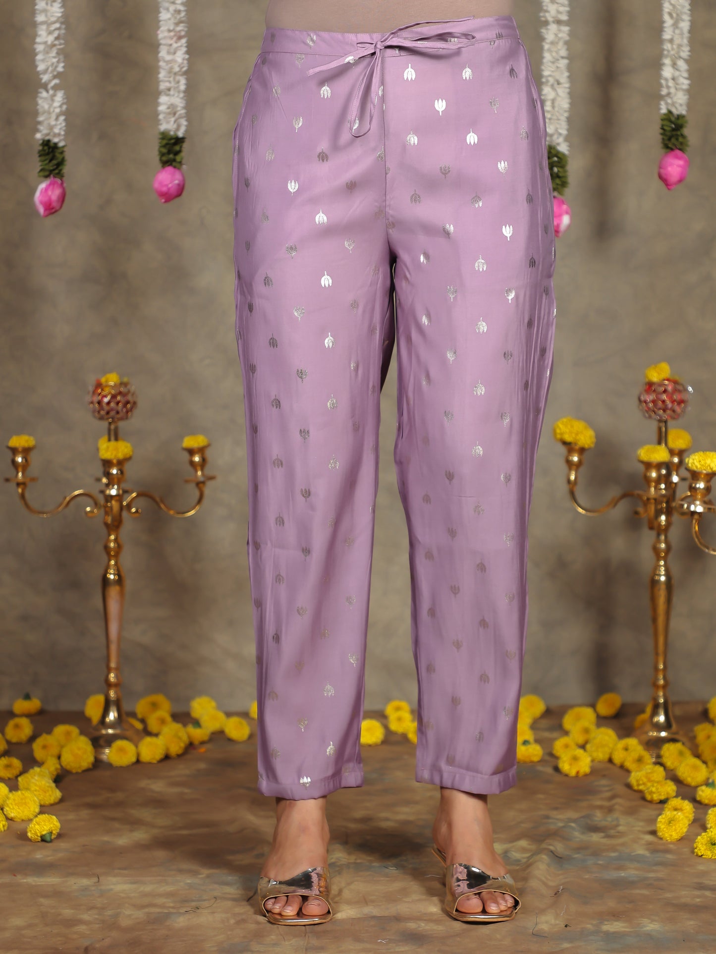 Chanderi Gold foil Purple Tapered Trousers