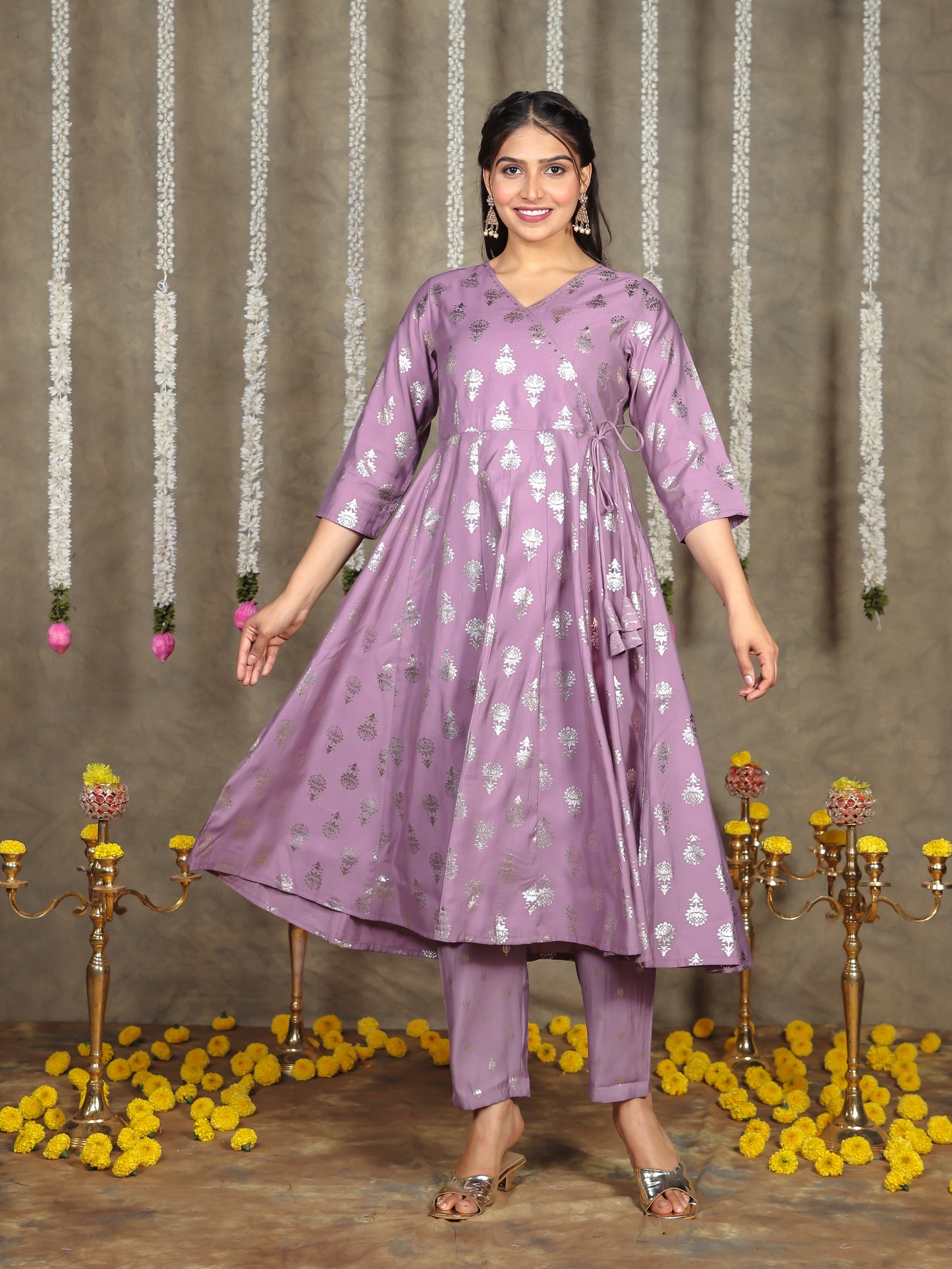 Embroidered Romen silk Gold foil Angrakha Purple Kurta