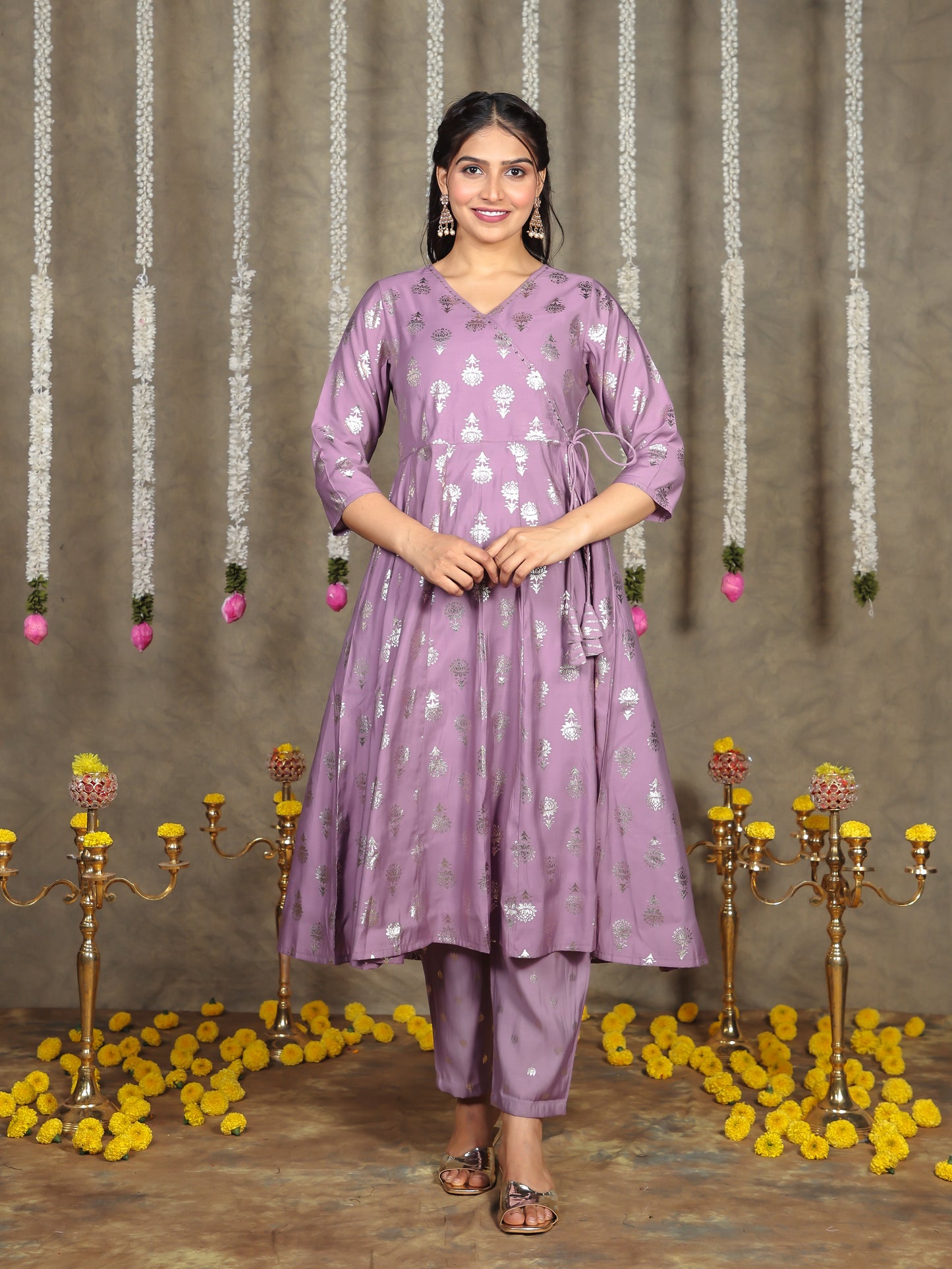 Embroidered Romen silk Gold foil Angrakha Purple Kurta