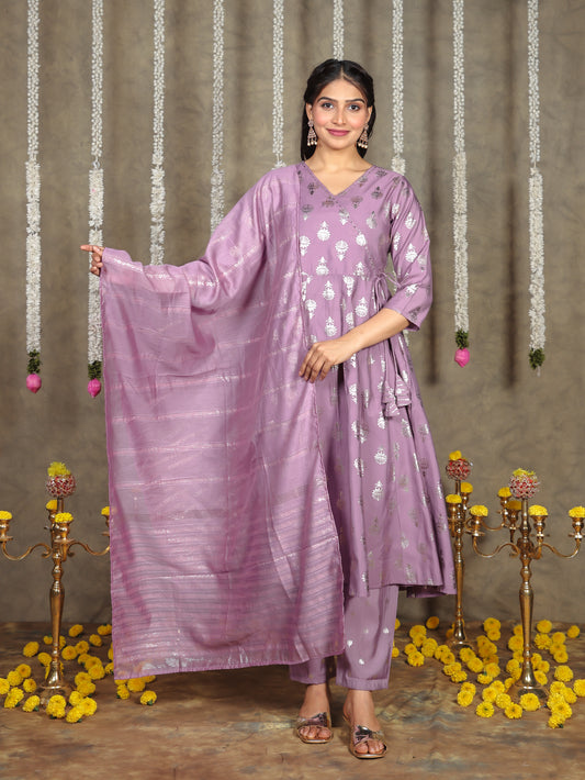 Embroidered Romen silk Gold foil Angrakha Purple Kurta