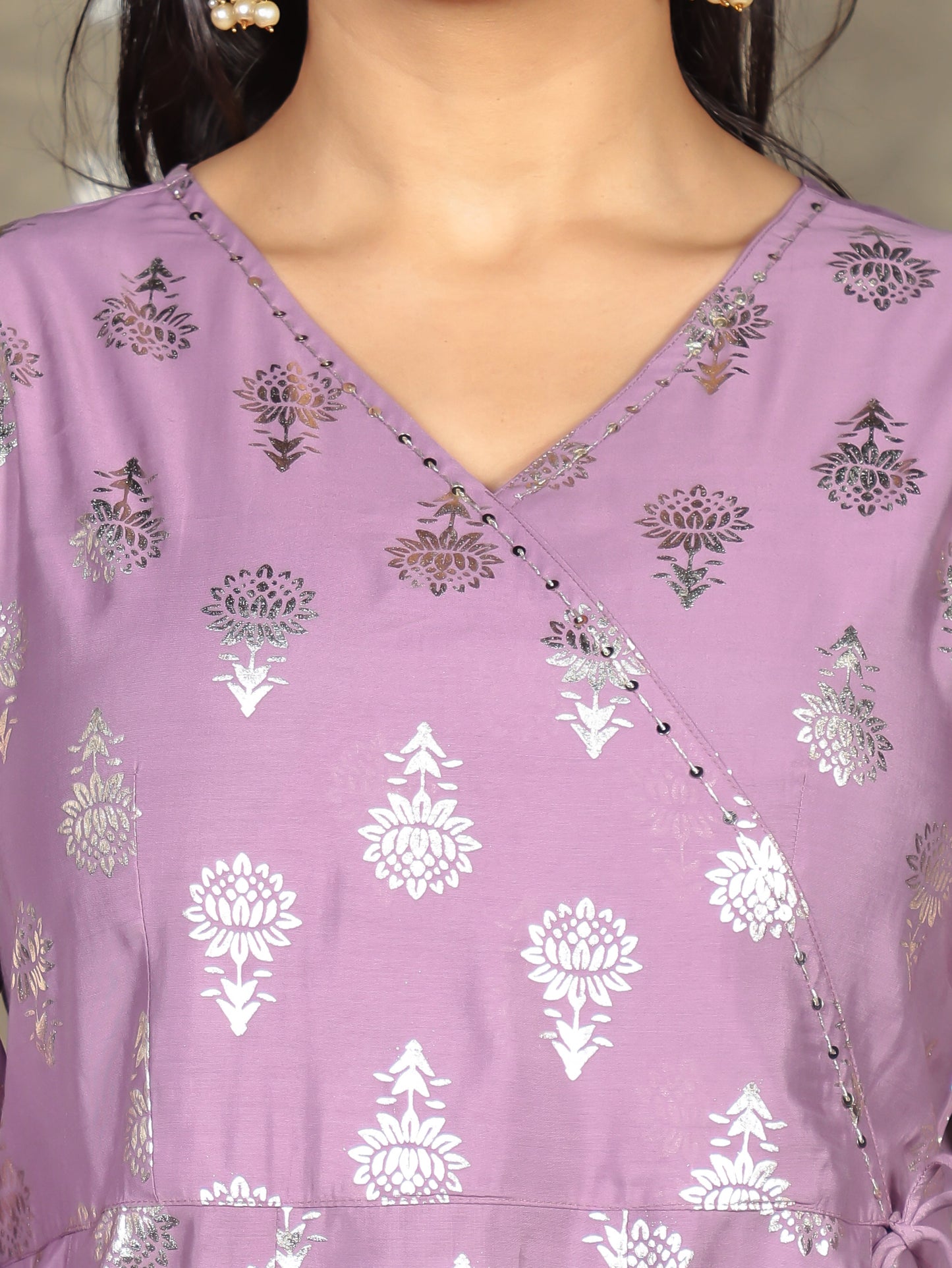 Embroidered Romen silk Gold foil Angrakha Purple Kurta
