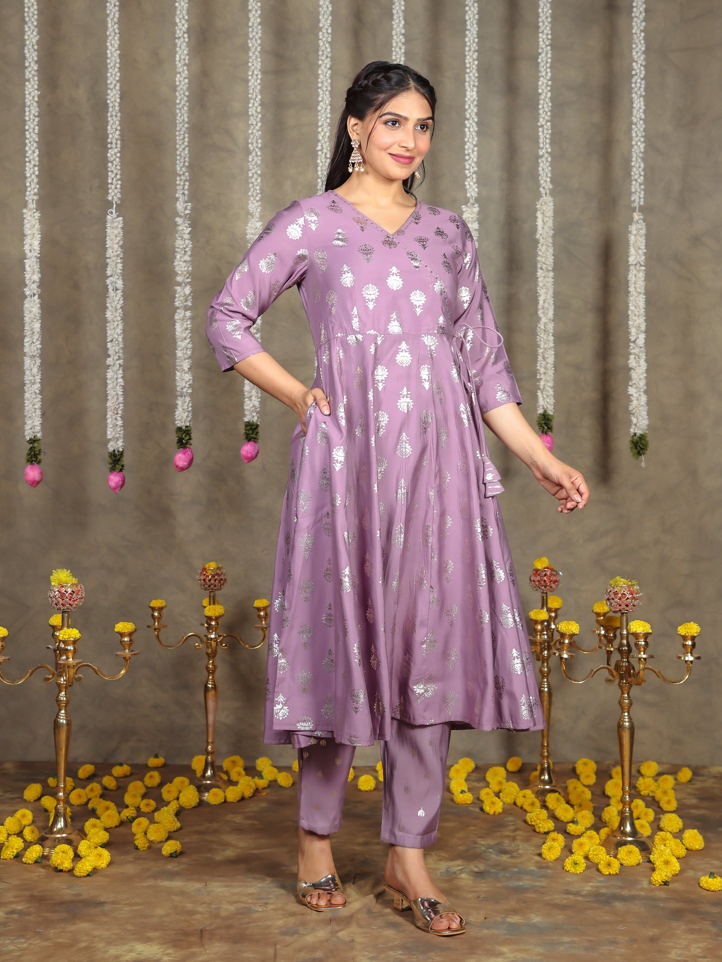Embroidered Romen silk Gold foil Angrakha Purple Kurta