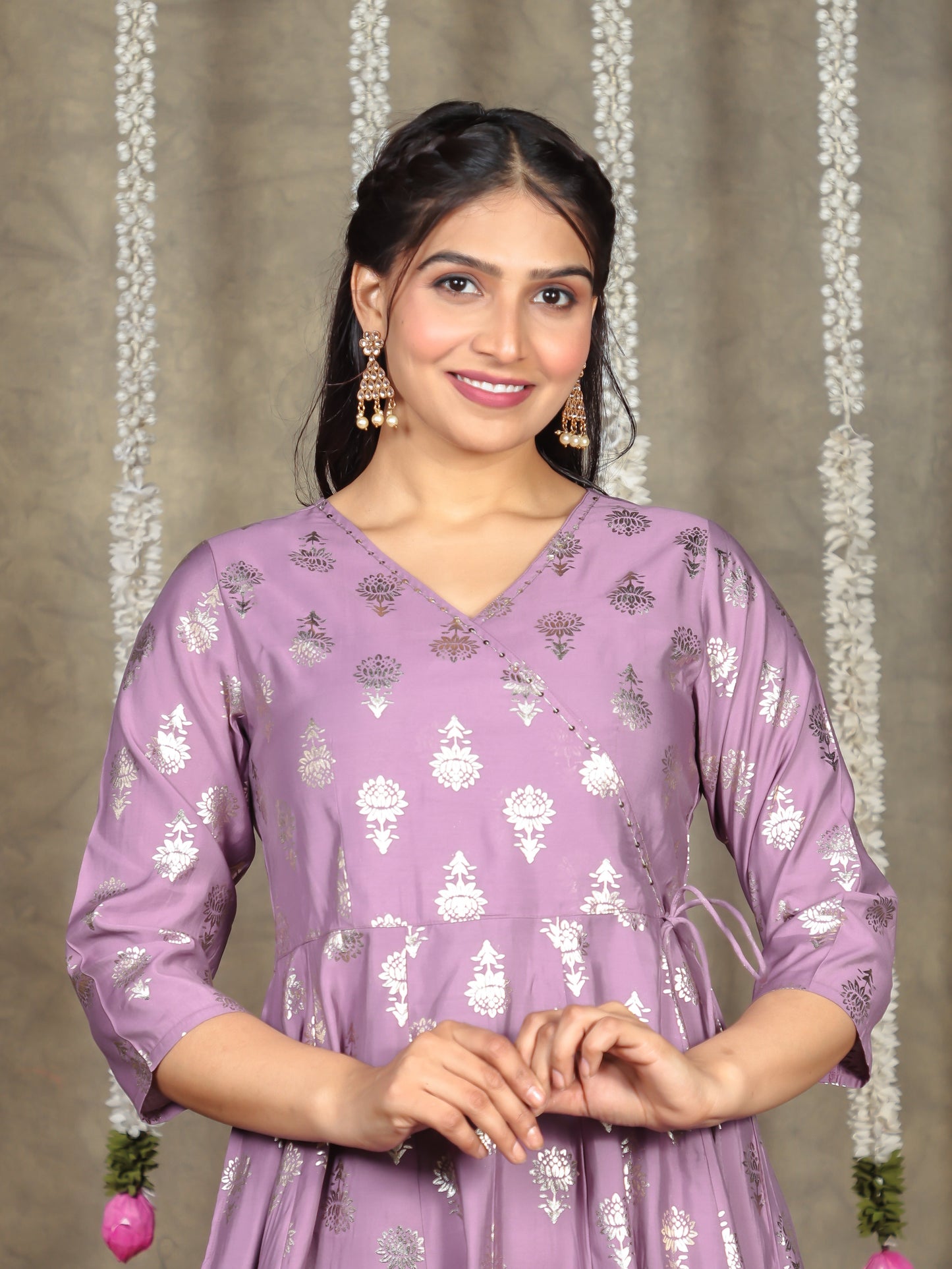 Embroidered Romen silk Gold foil Angrakha Purple Kurta