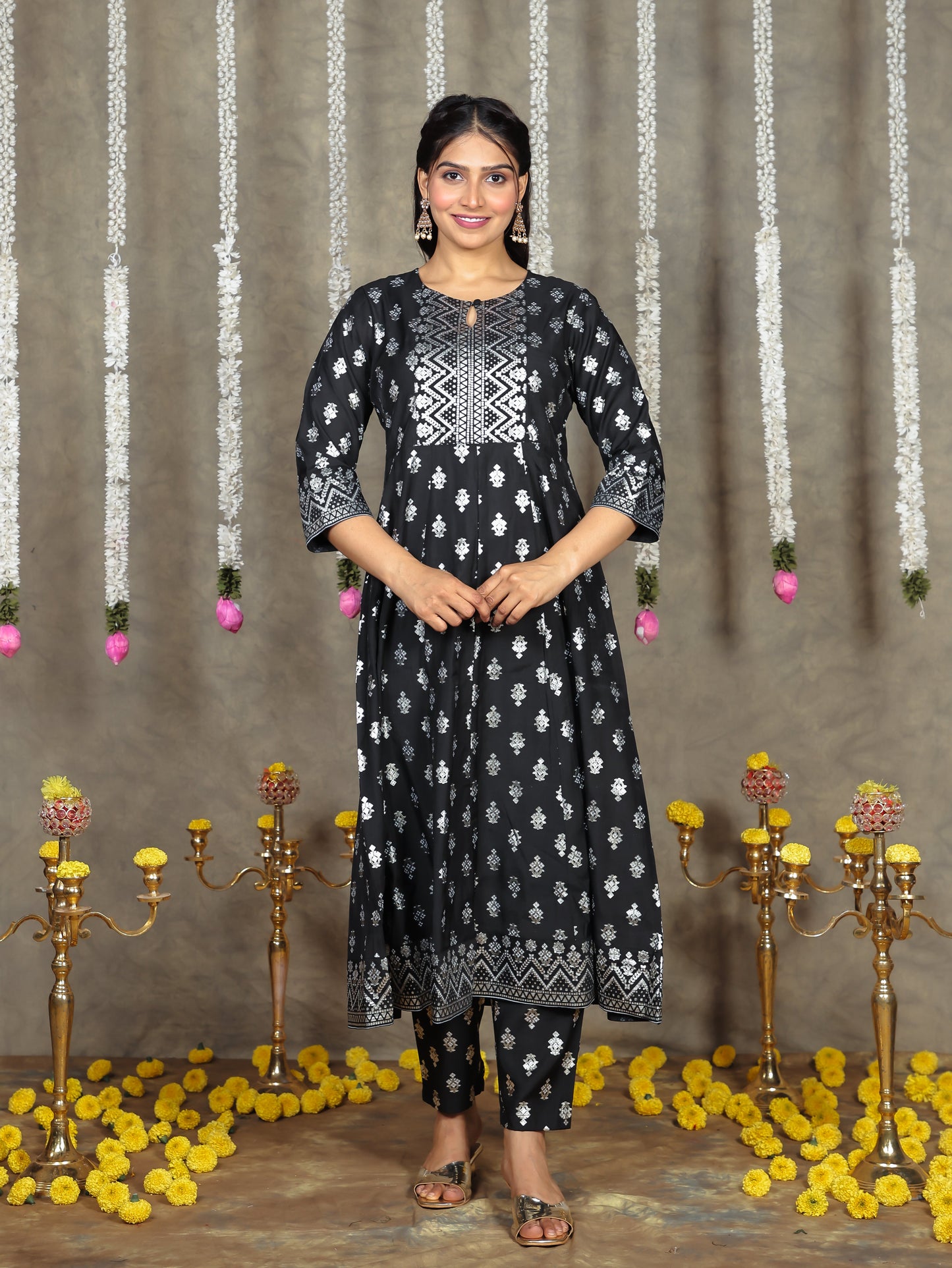 Chanderi Gold foil Anarkali Black Kurta