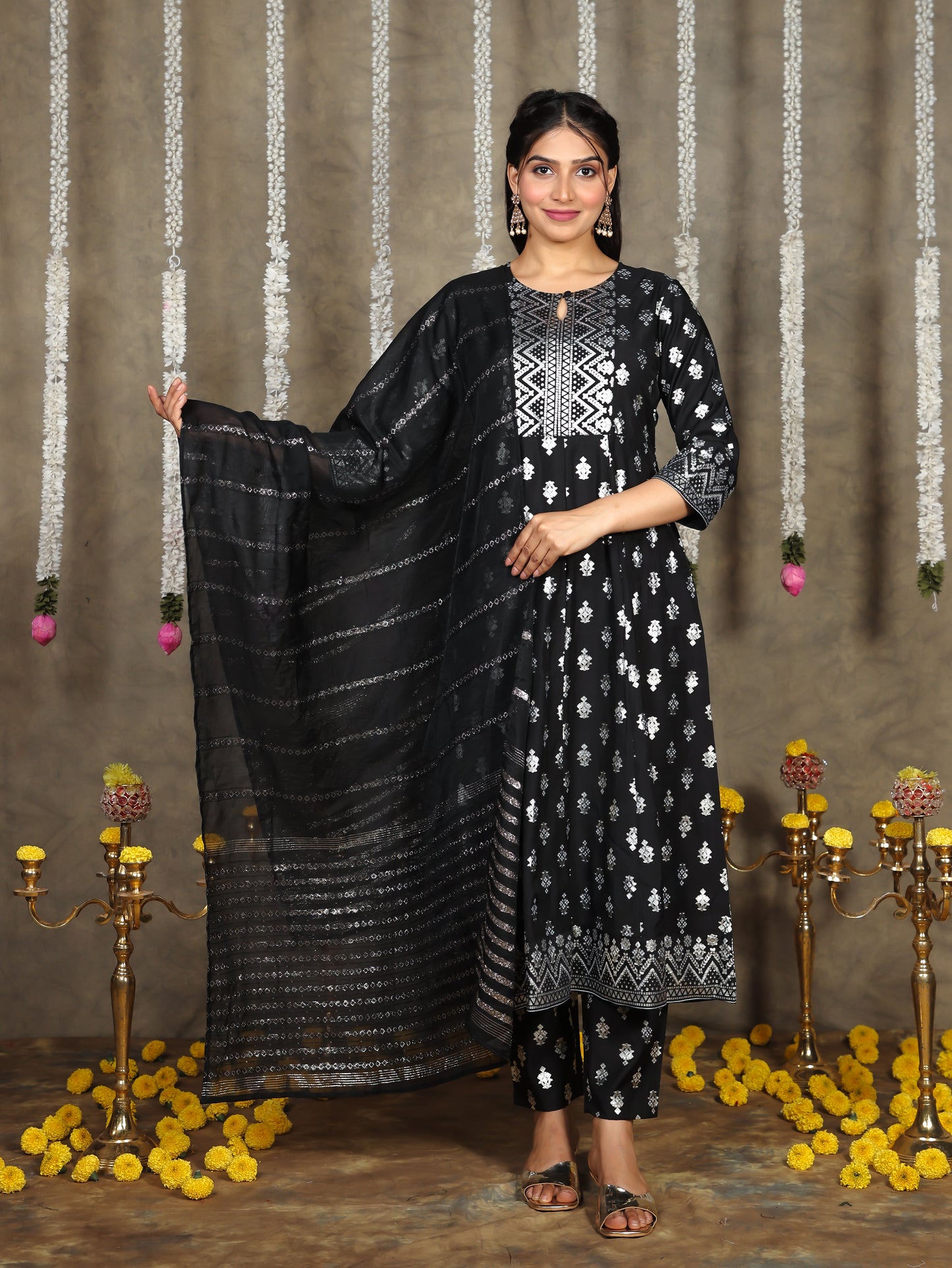 Chanderi Gold foil Anarkali Black Kurta