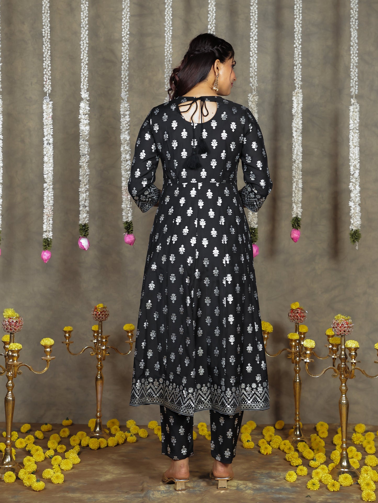 Chanderi Gold foil Anarkali Black Kurta