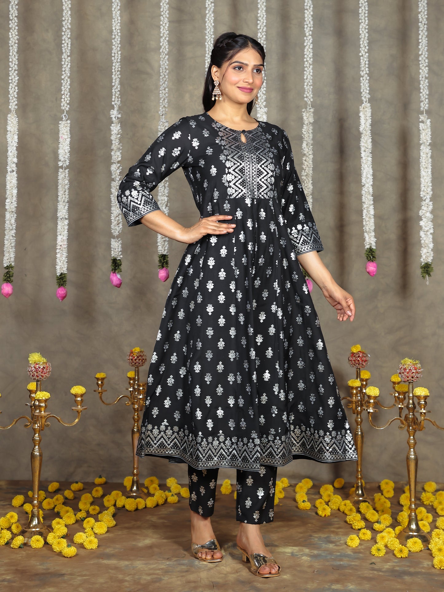 Chanderi Gold foil Anarkali Black Kurta