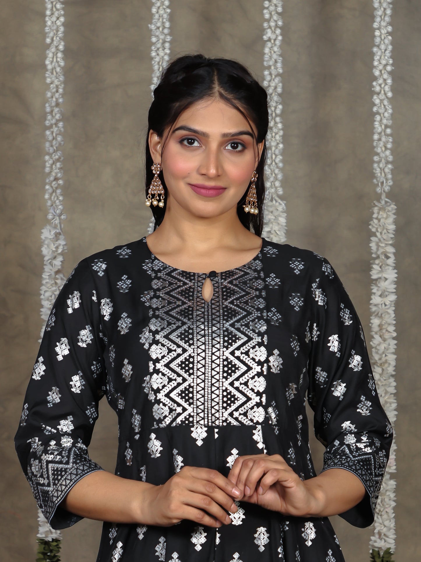 Chanderi Gold foil Anarkali Black Kurta