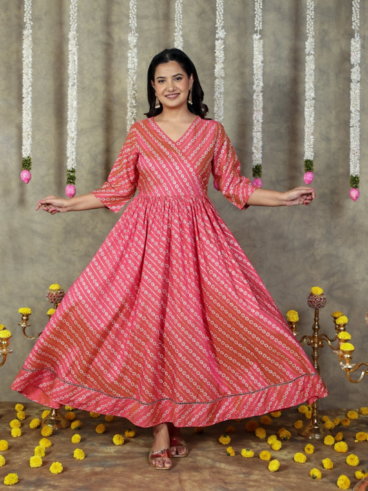 Chanderi Bandhani Angrakha Pink Dress