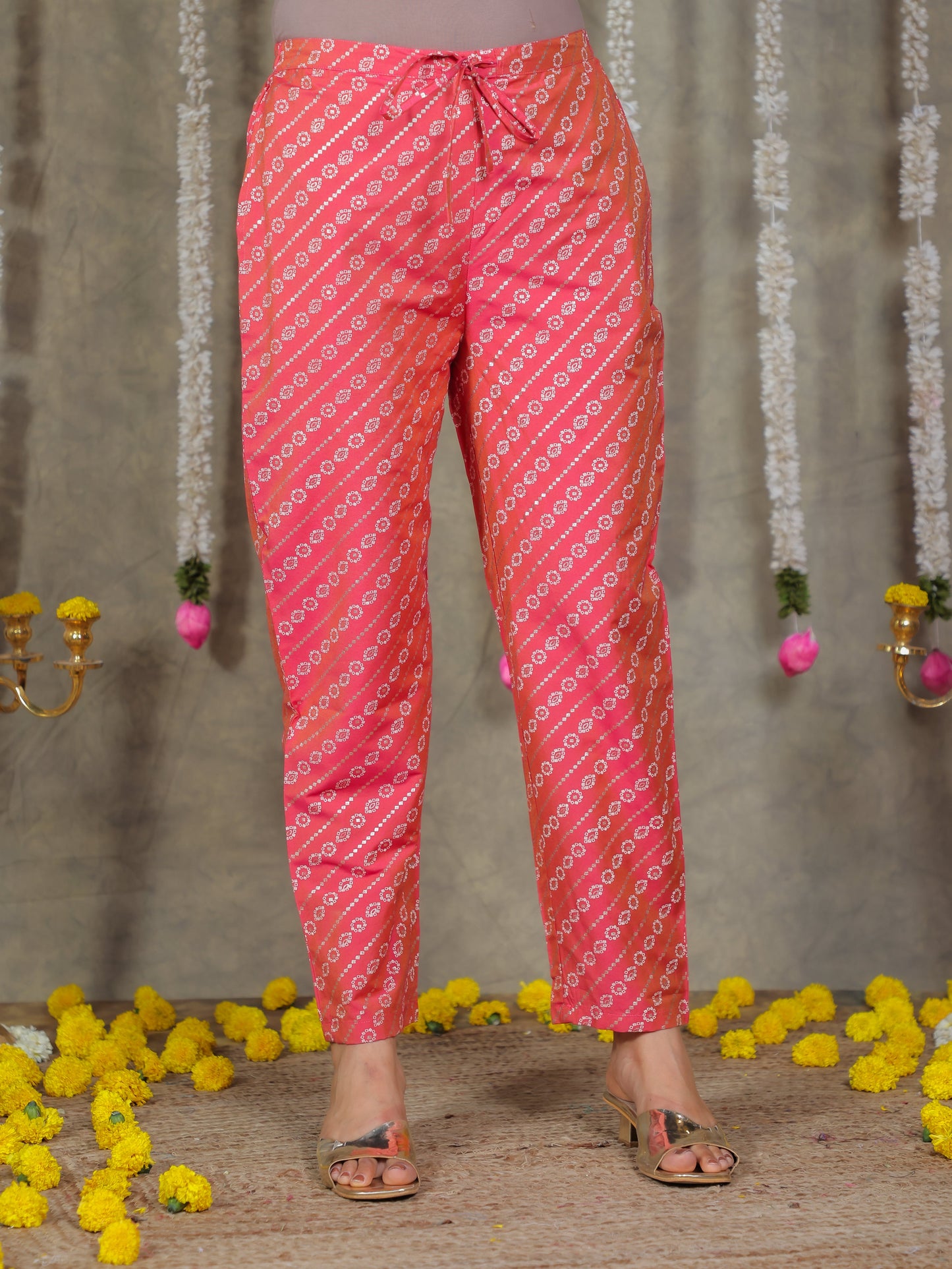 Chanderi Gold foil Pink Tapered Trousers