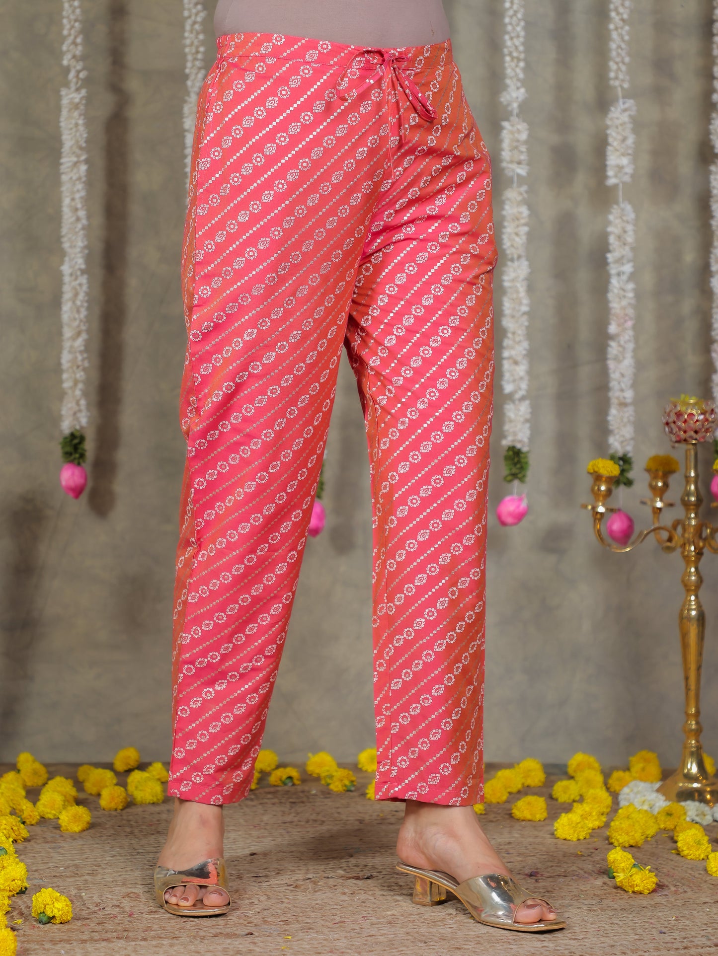 Chanderi Gold foil Pink Tapered Trousers