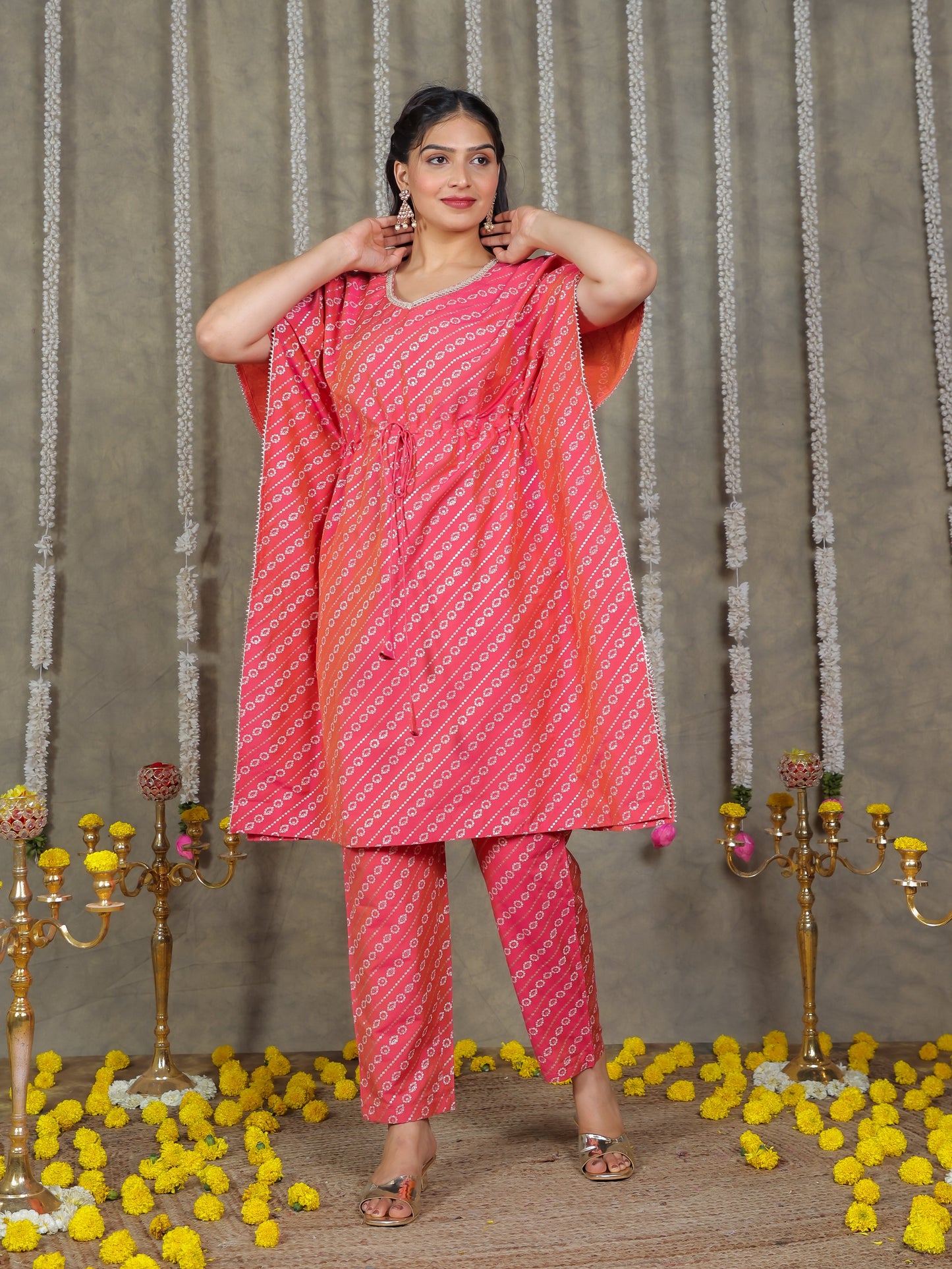 Roman silk Gold foil Kaftan Pink Kurta