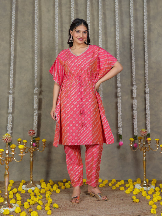 Roman silk Gold foil Kaftan Pink Kurta