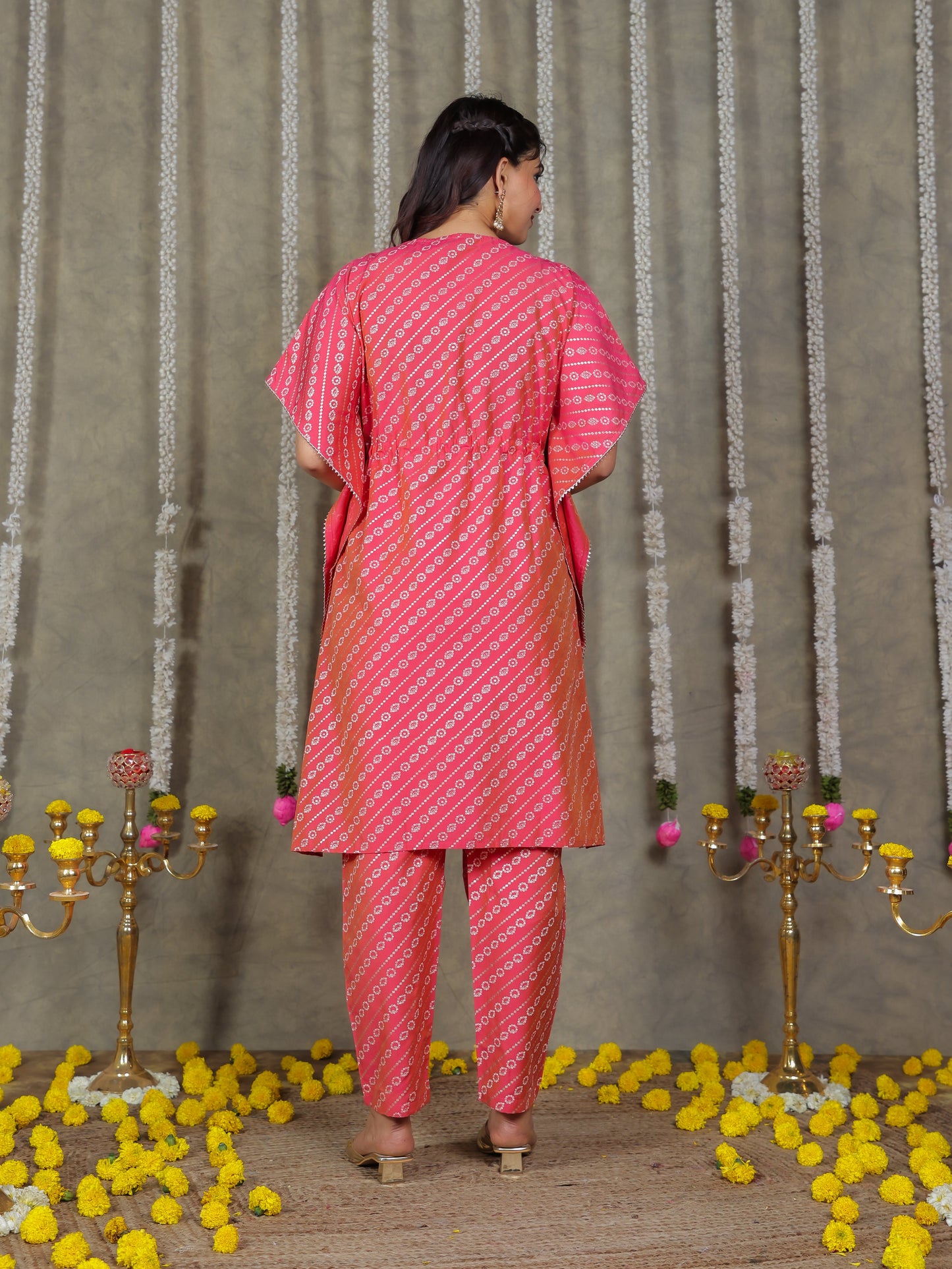 Roman silk Gold foil Kaftan Pink Kurta