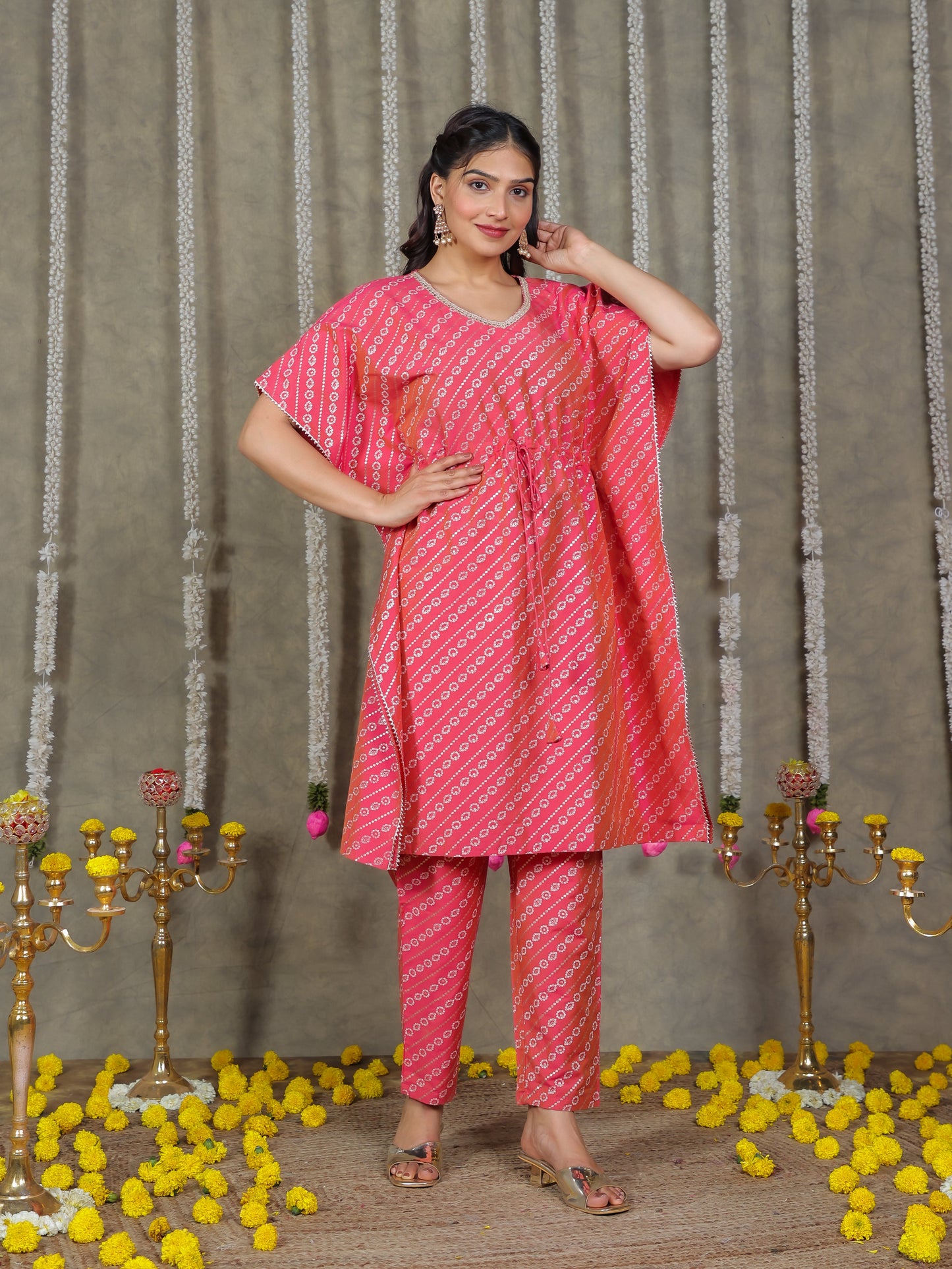 Roman silk Gold foil Kaftan Pink Kurta