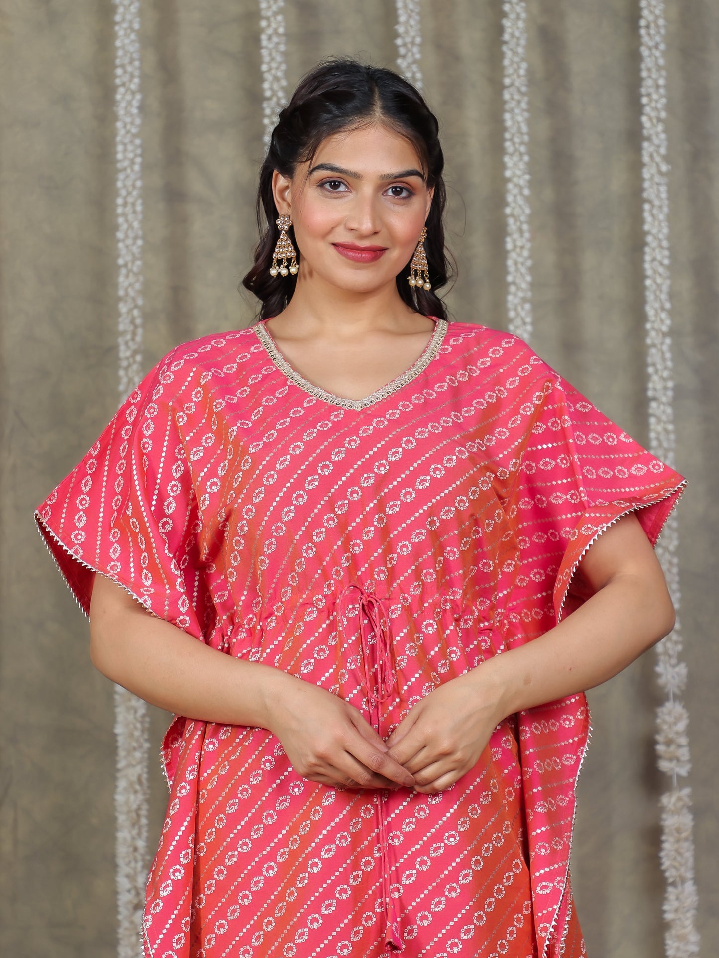 Roman silk Gold foil Kaftan Pink Kurta