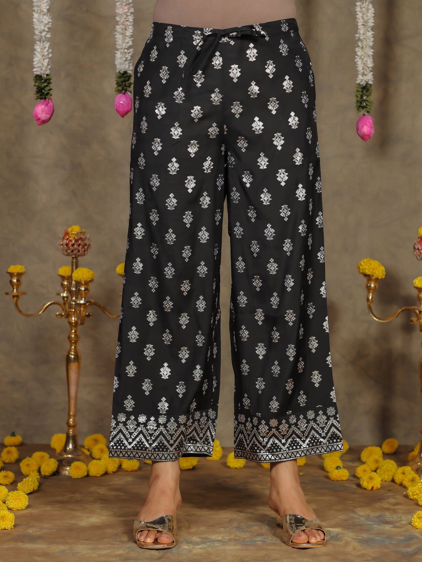 Chanderi Gold foil Black Palazzo
