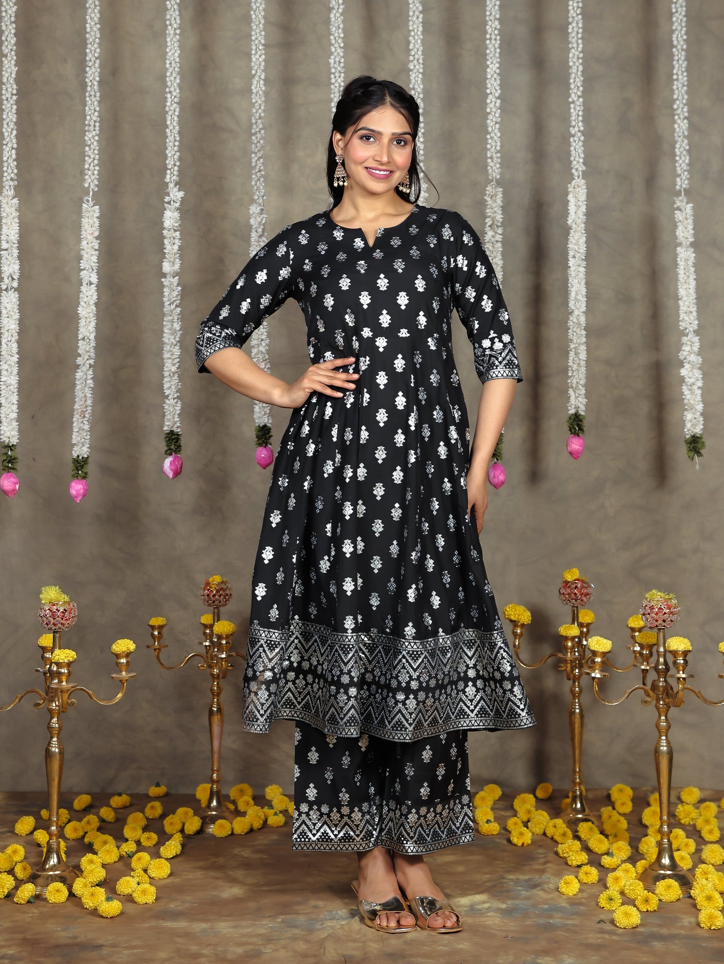Chanderi Gold foil Anarkali Black Kurta