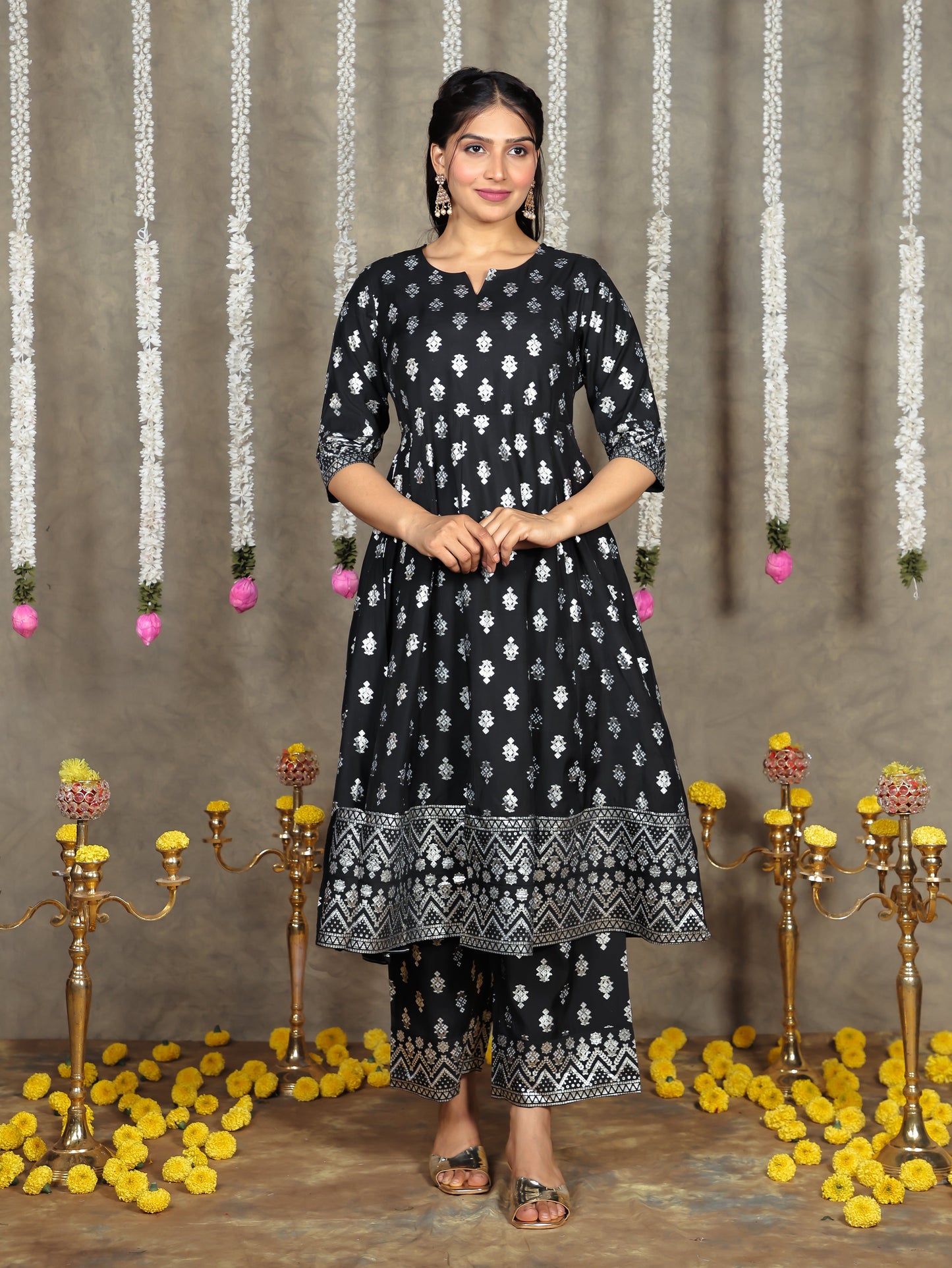 Chanderi Gold foil Anarkali Black Kurta