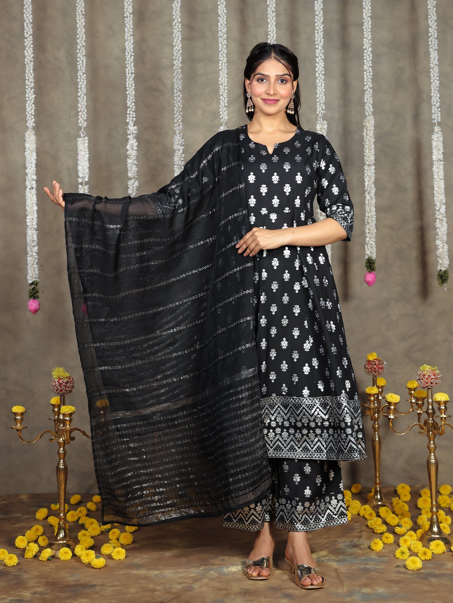 Chanderi Gold foil Anarkali Black Kurta