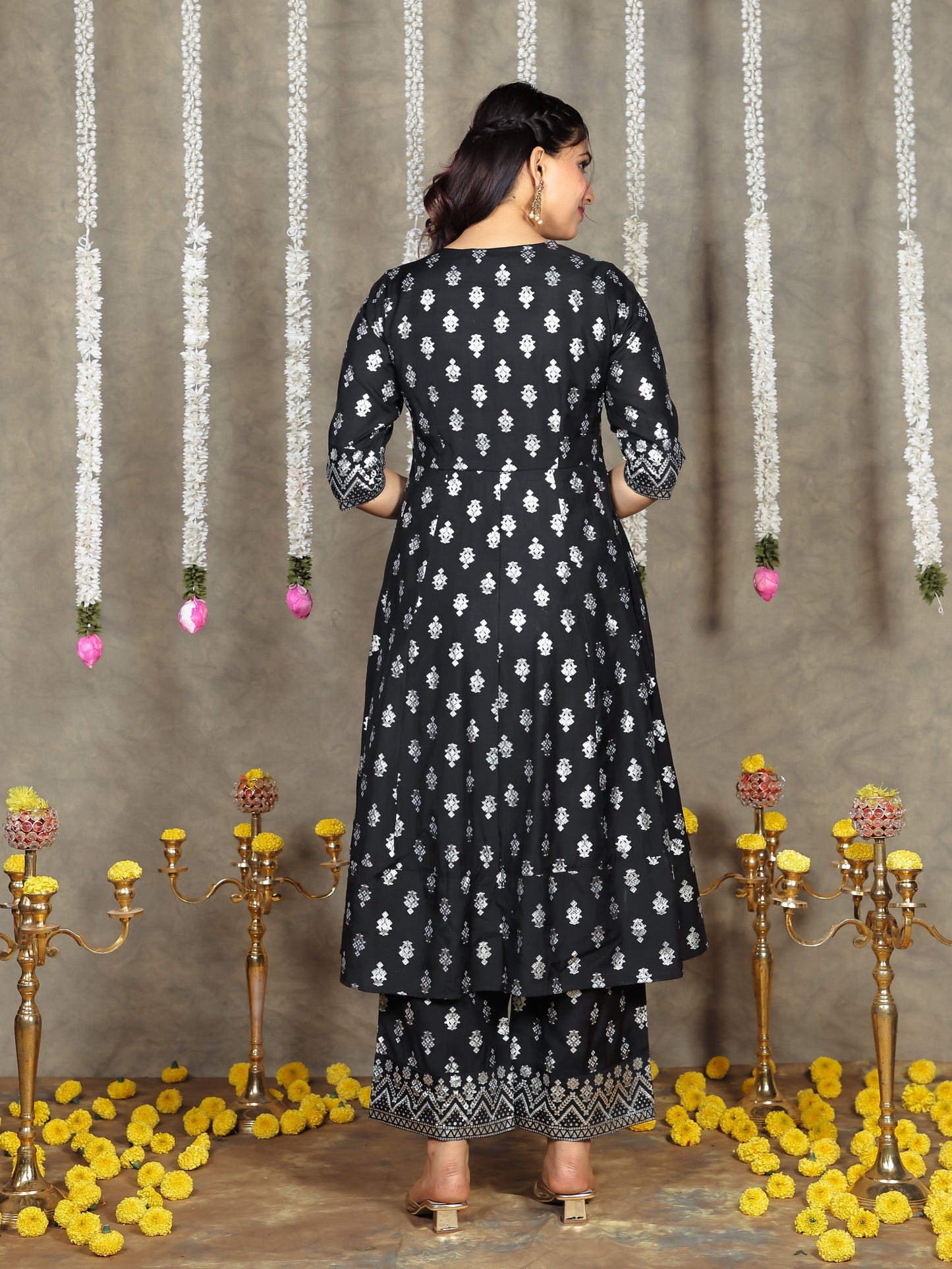 Chanderi Gold foil Anarkali Black Kurta