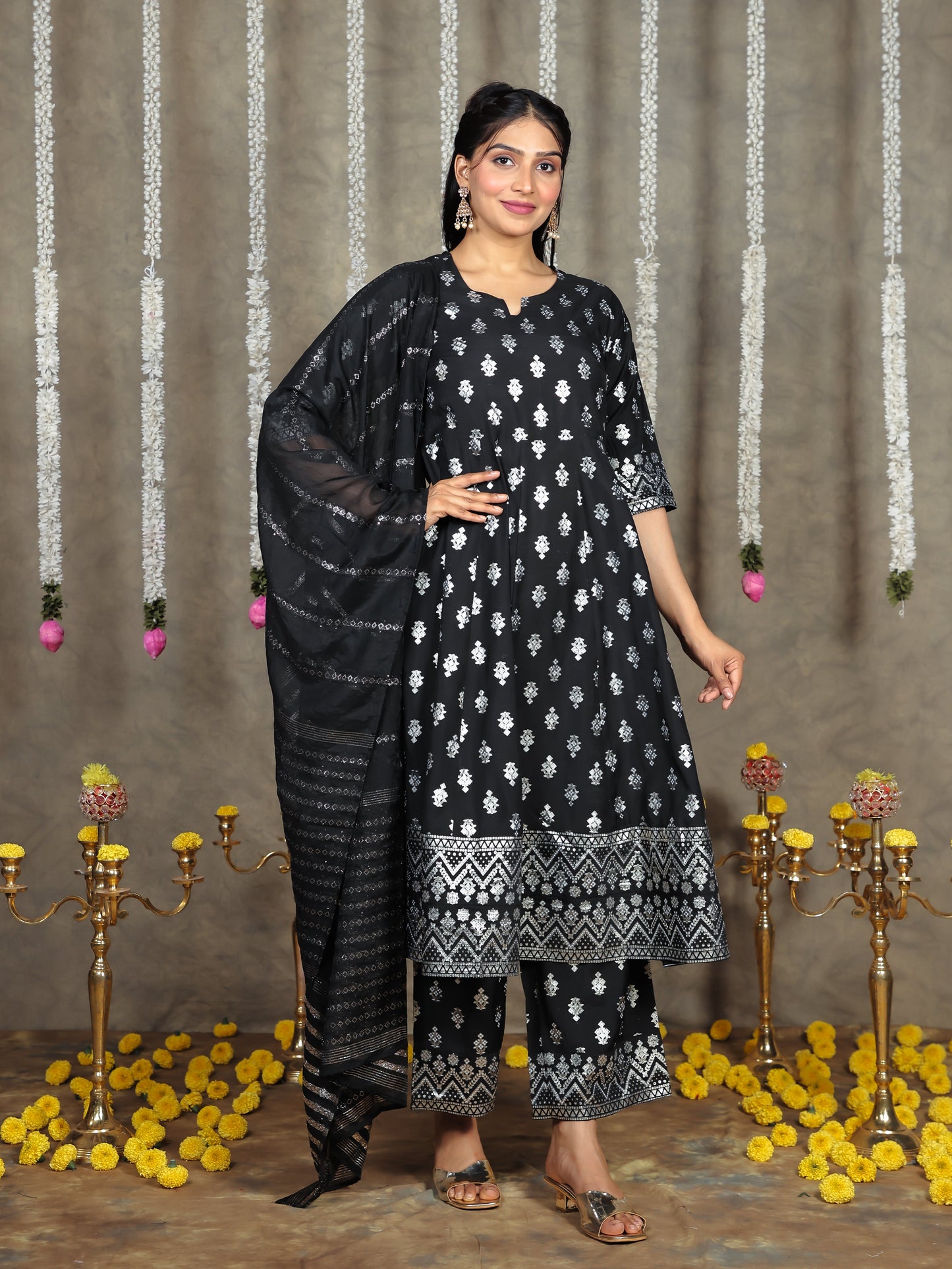 Chanderi Gold foil Anarkali Black Kurta