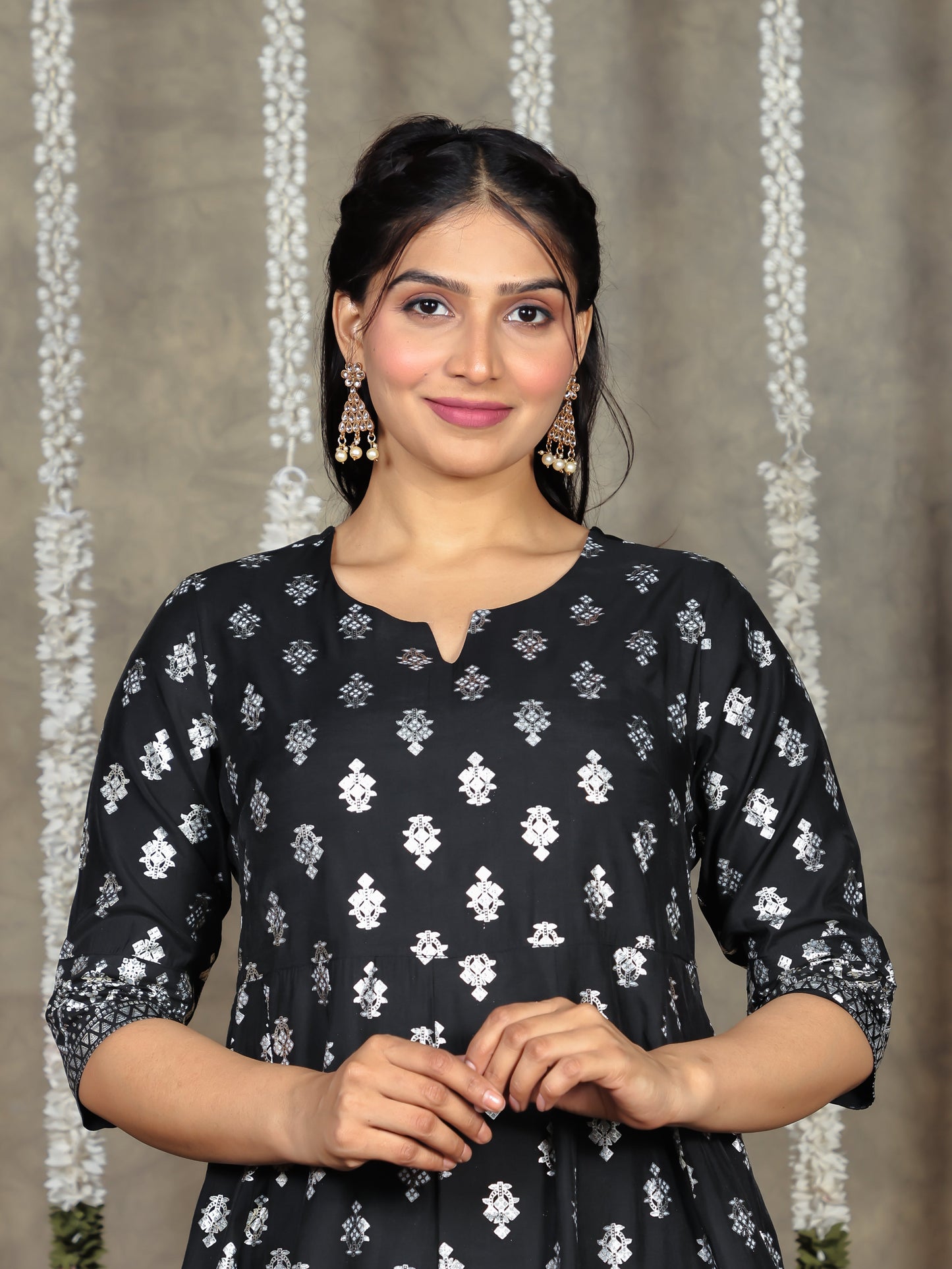 Chanderi Gold foil Anarkali Black Kurta