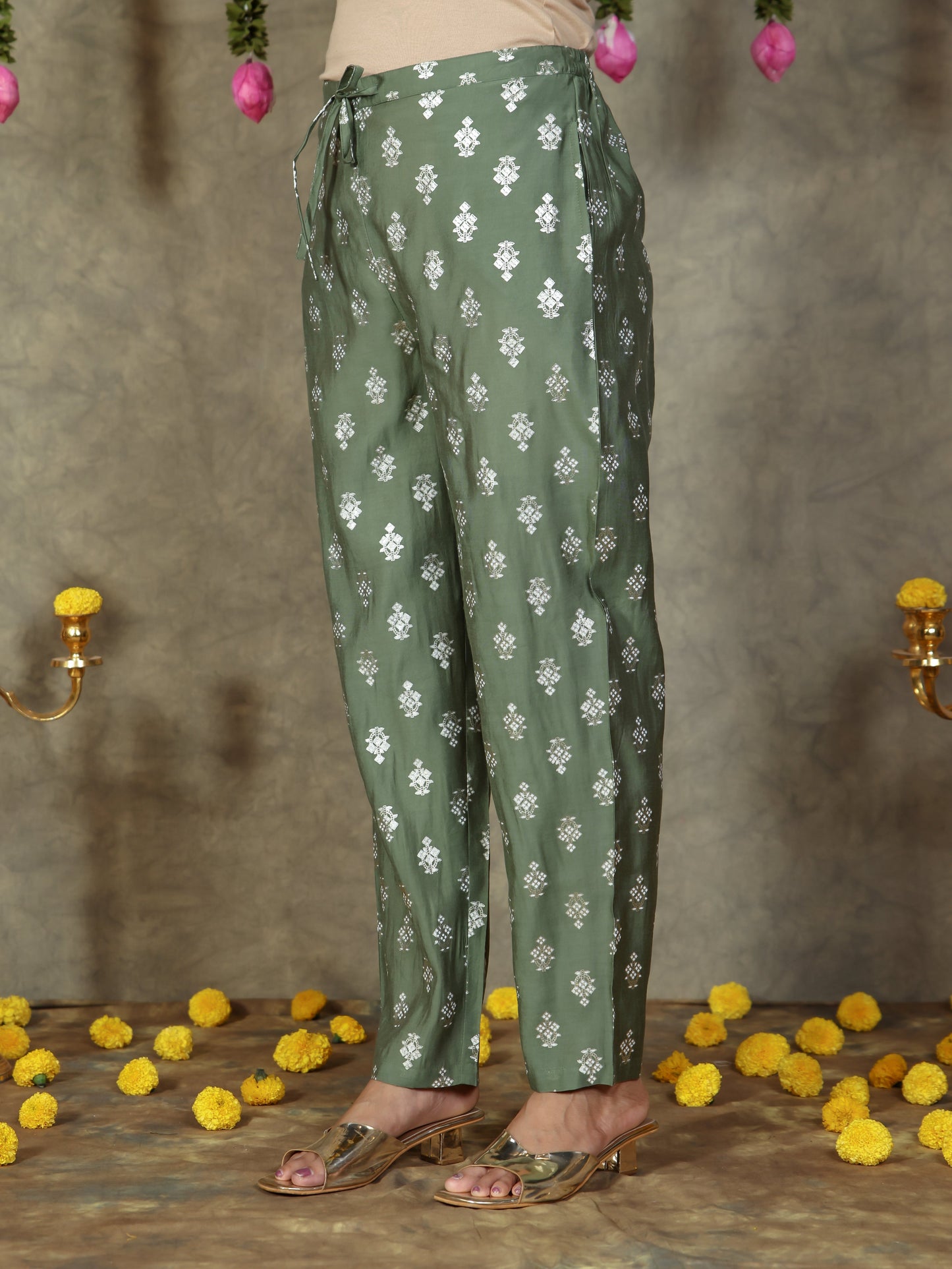 Chanderi Gold foil Green  Trousers
