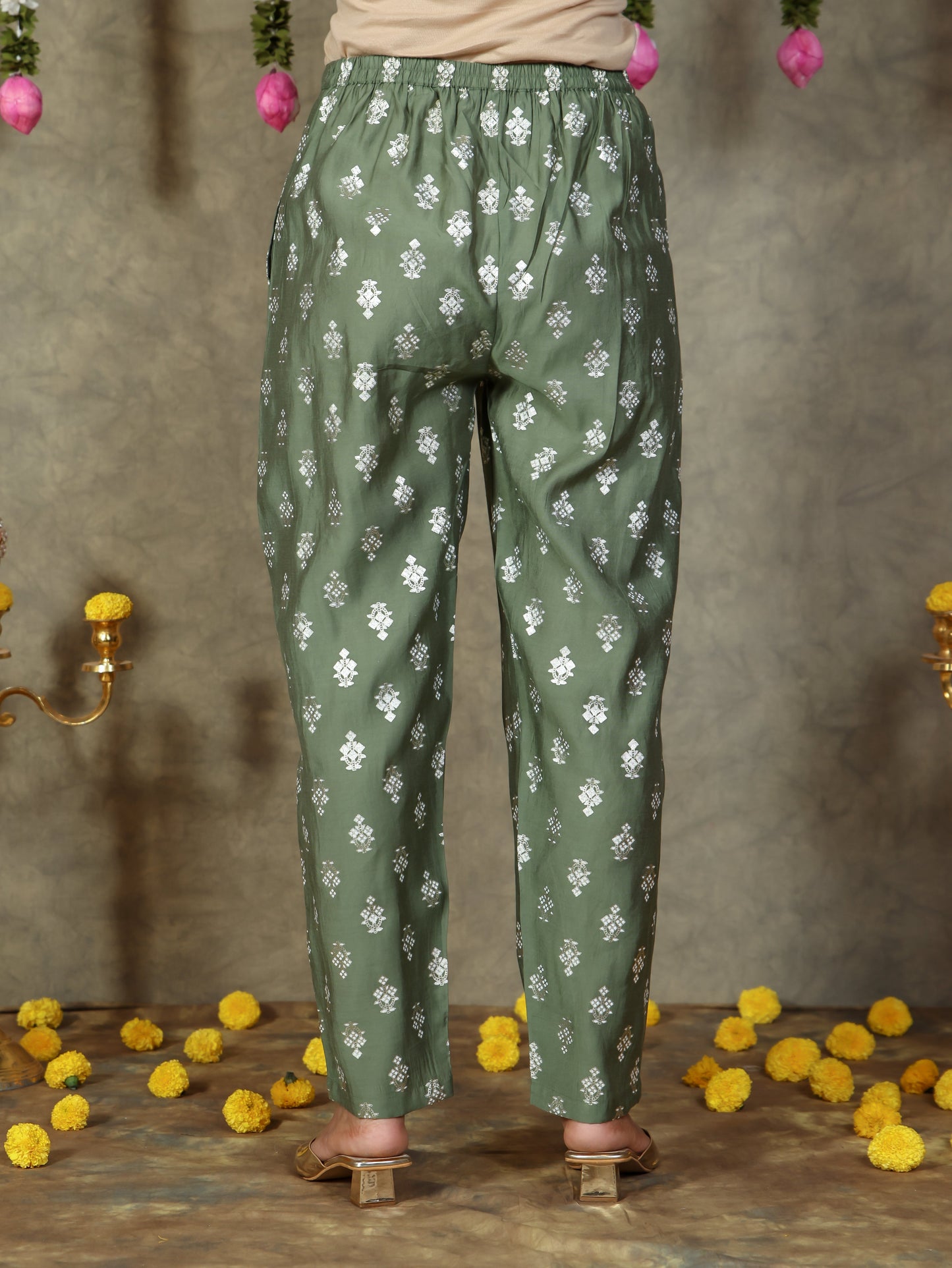 Chanderi Gold foil Green  Trousers