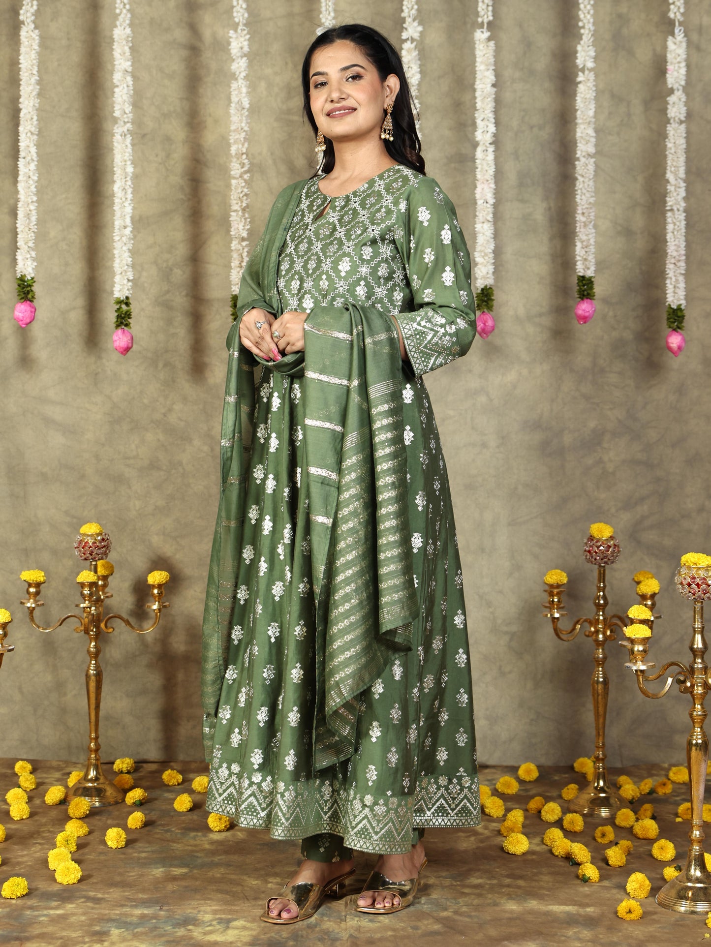 Chanderi Gold foil Green Dupatta