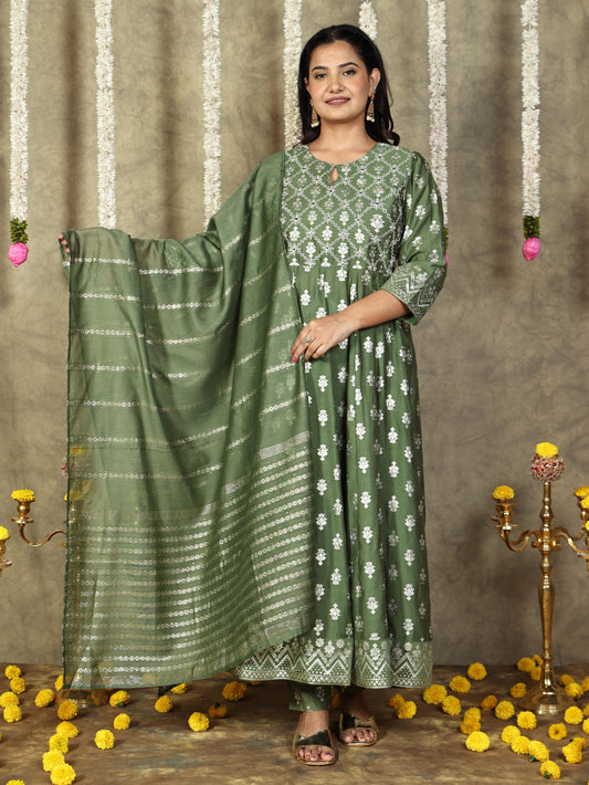 Embroidered Chanderi Gold foil Green Kurta