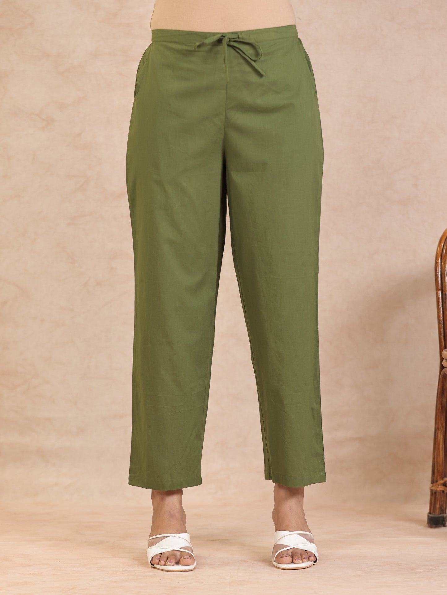 Soft Cotton Solid Green Straight Trousers