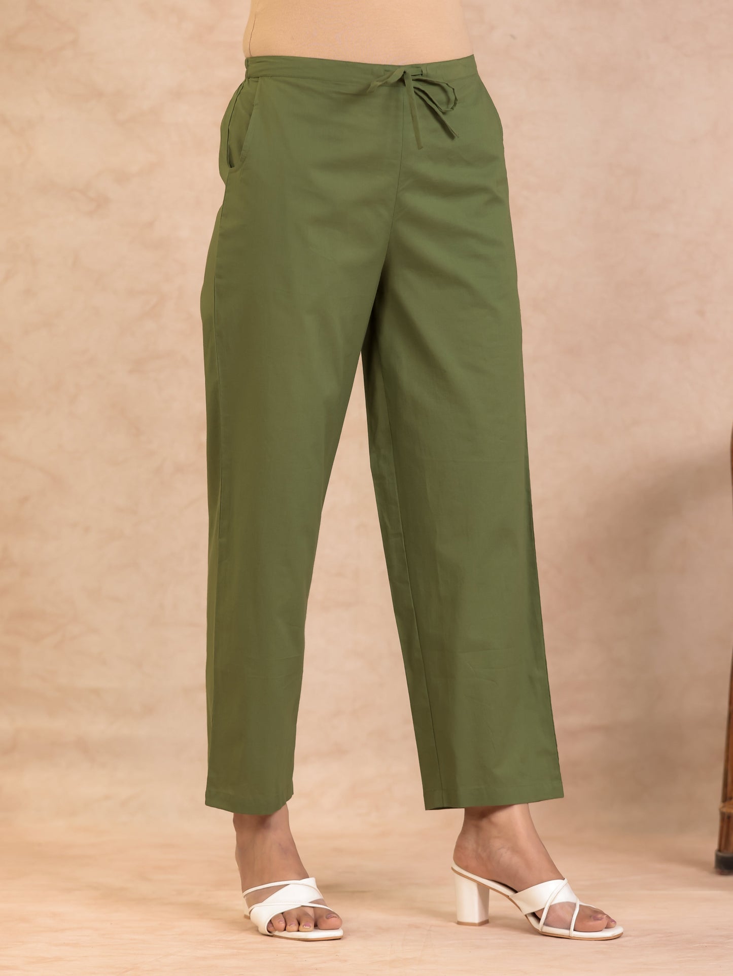 Soft Cotton Solid Green Straight Trousers