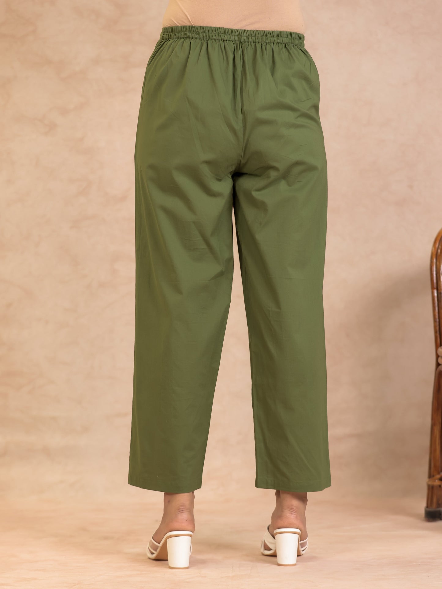Soft Cotton Solid Green Straight Trousers