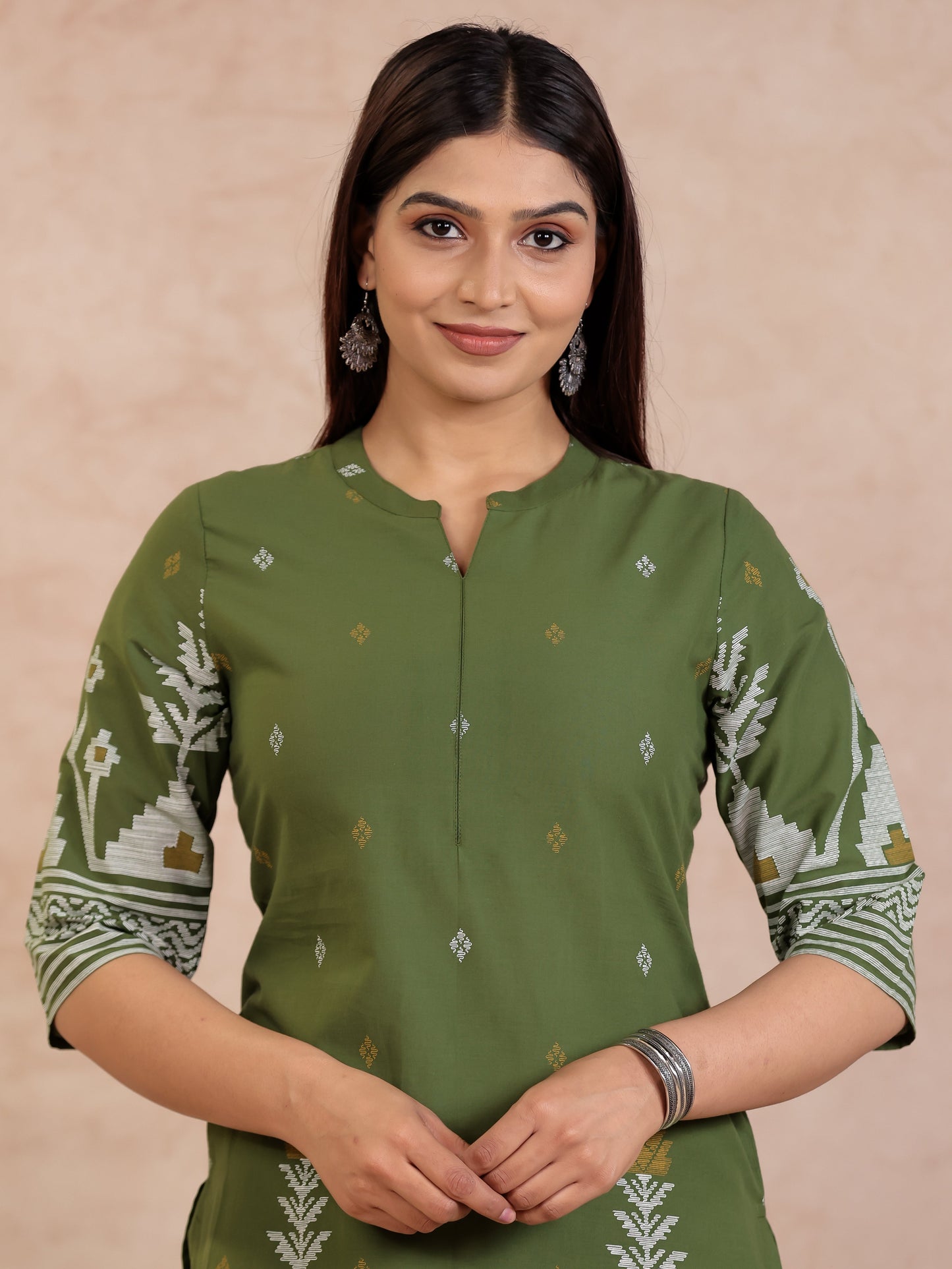 Soft Cotton Geometric Straight Green Kurta