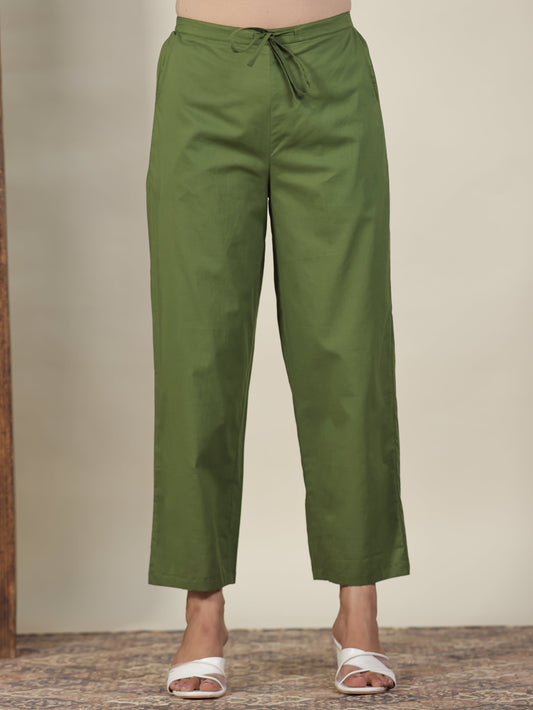 Soft Cotton Geometric Green Straight Trousers