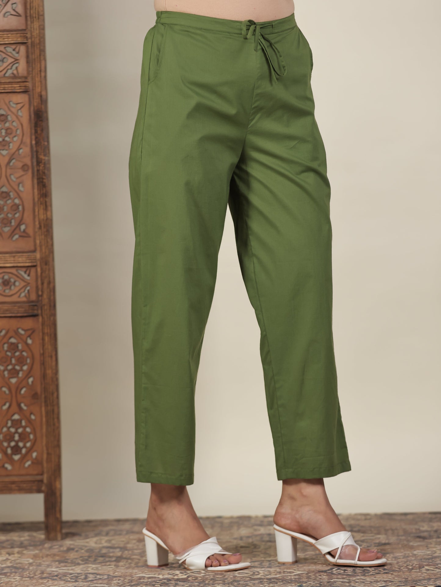 Soft Cotton Geometric Green Straight Trousers