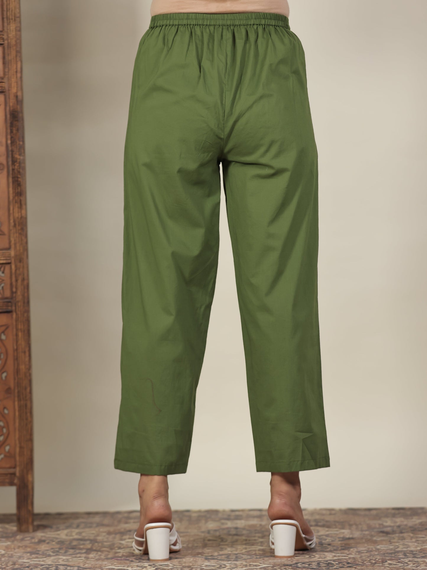 Soft Cotton Geometric Green Straight Trousers