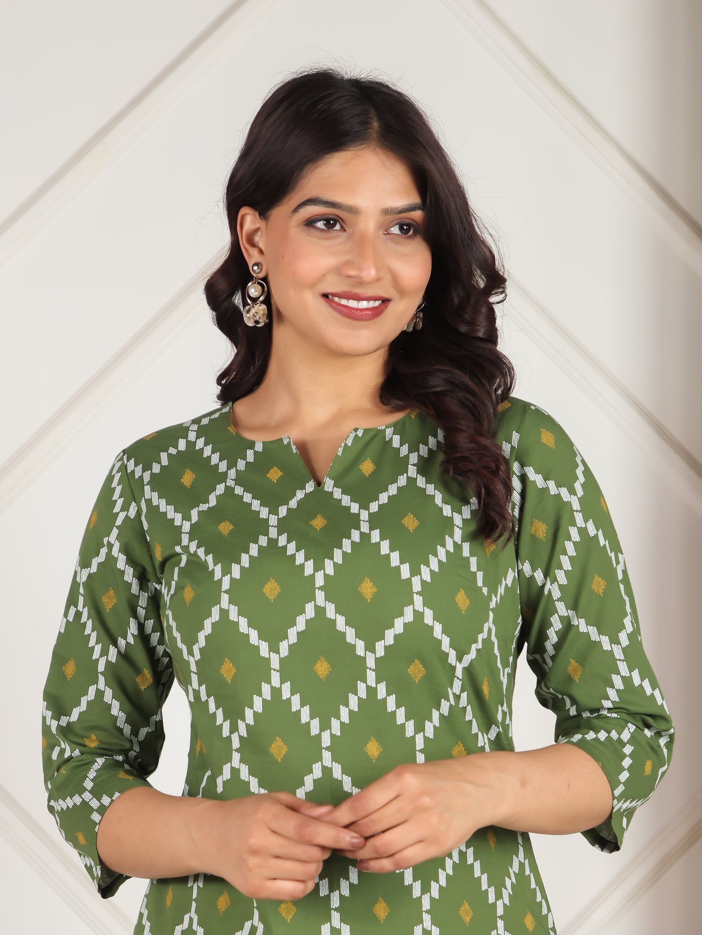 Soft Cotton Geometric Straight Green Kurta