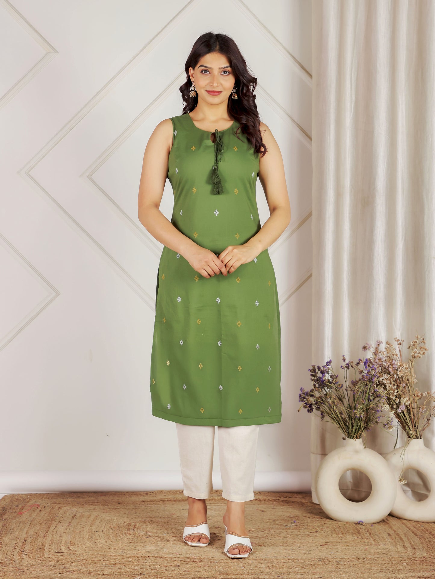 Soft Cotton Geometric Straight Green Kurta